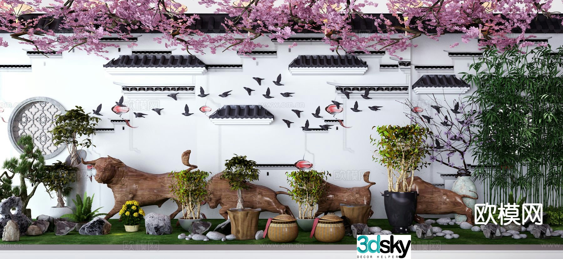 New Chinese style wooden cow stone landscape sketch 3D model