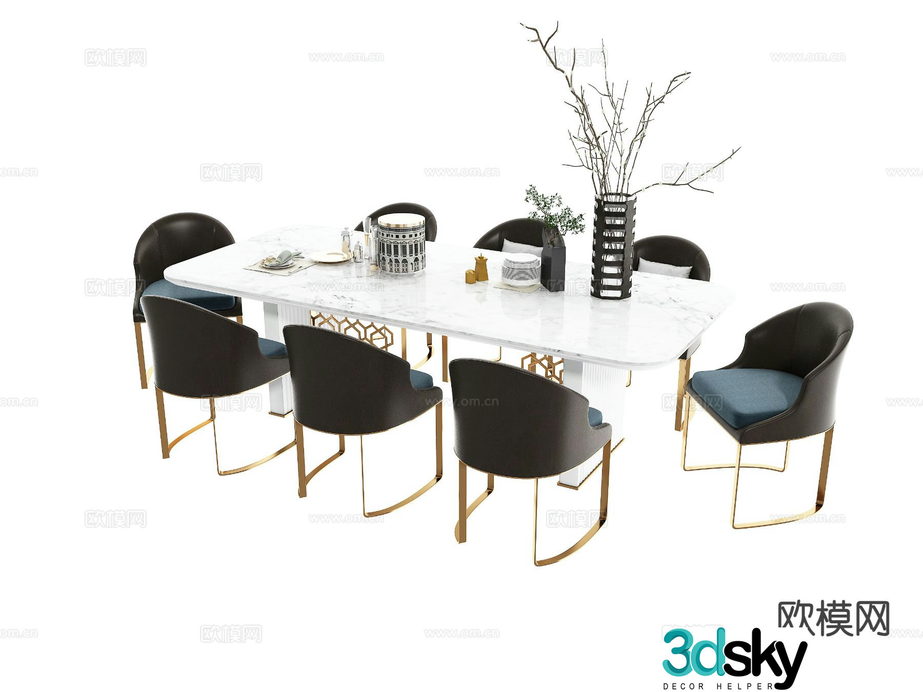 Modern long dining table and chairs 3d model