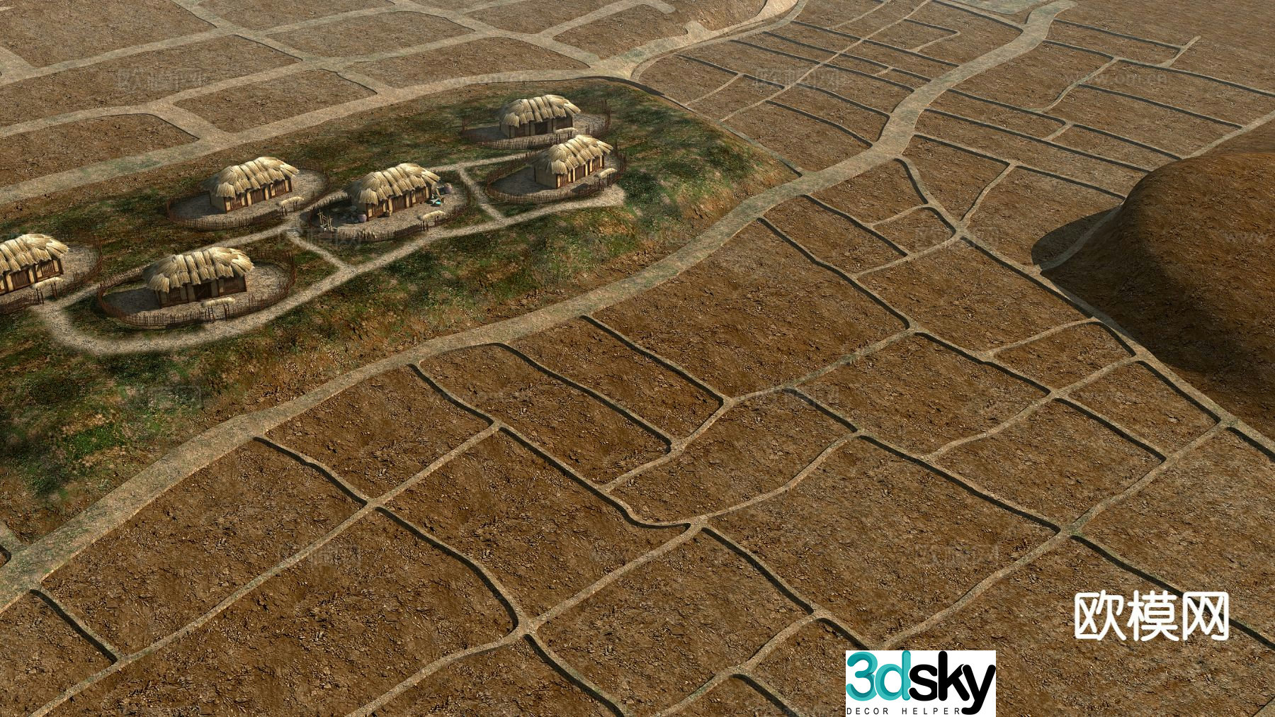 Chinese thatched house ancient building farmland landscape 3D model