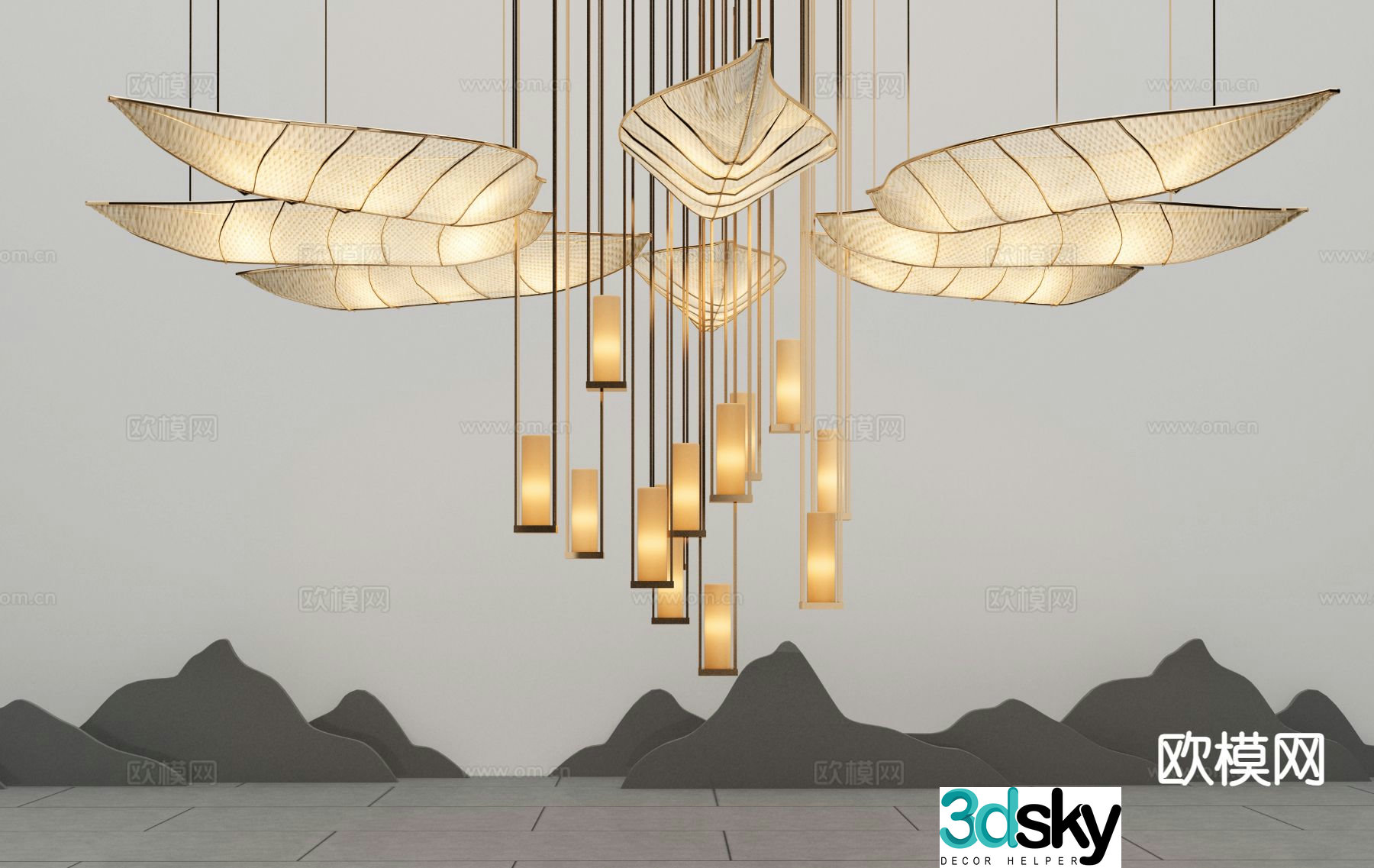New Chinese style decorative lamp lobby chandelier 3d model