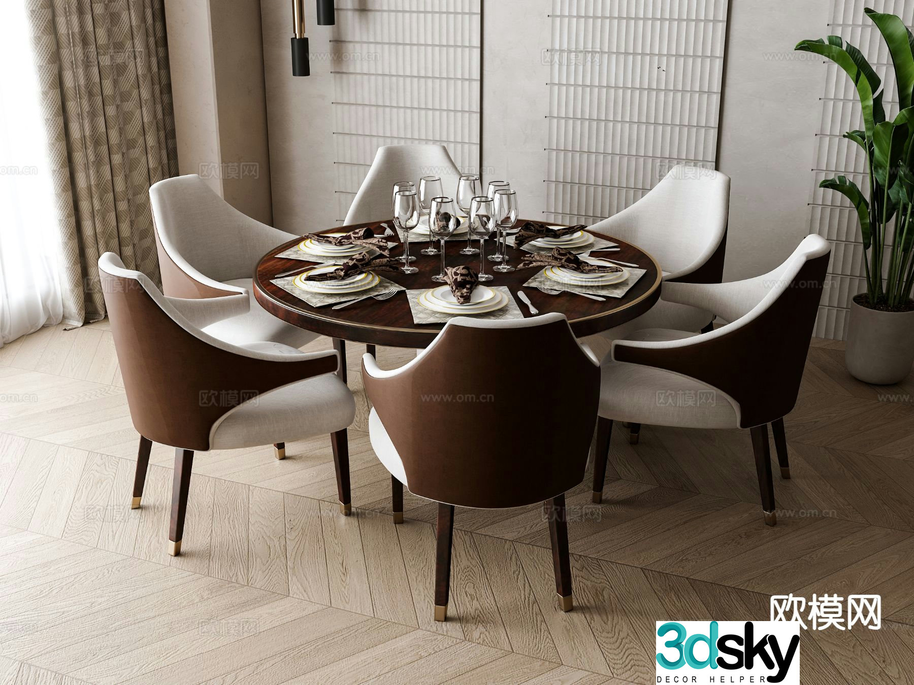 New Chinese style dining table and chairs round dining table 3d model