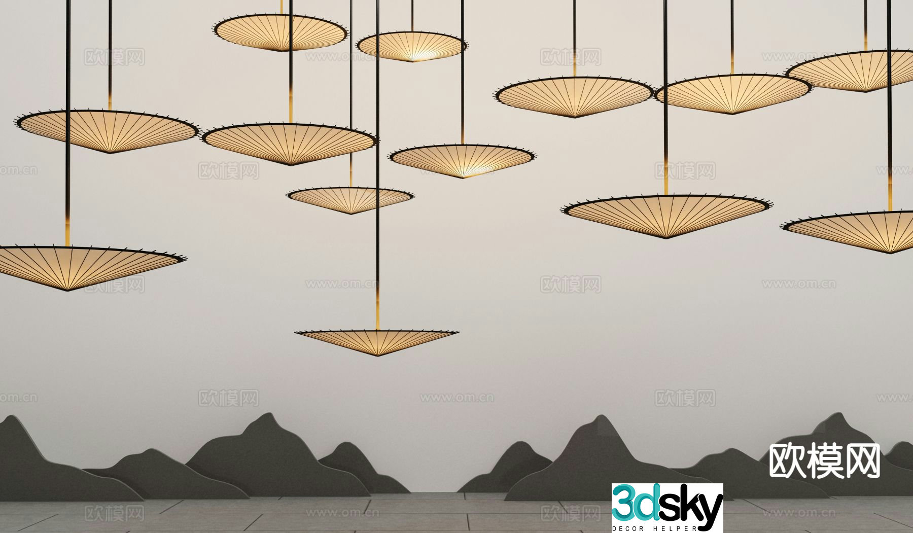 New Chinese style oil paper umbrella decorative lamp 3D model