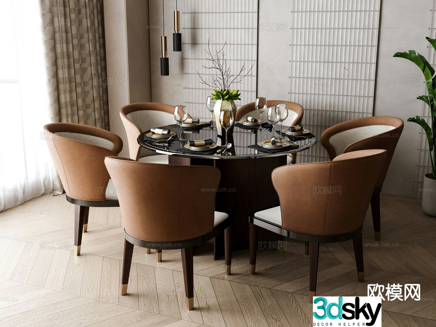 New Chinese style dining table and chairs round dining table 3d model