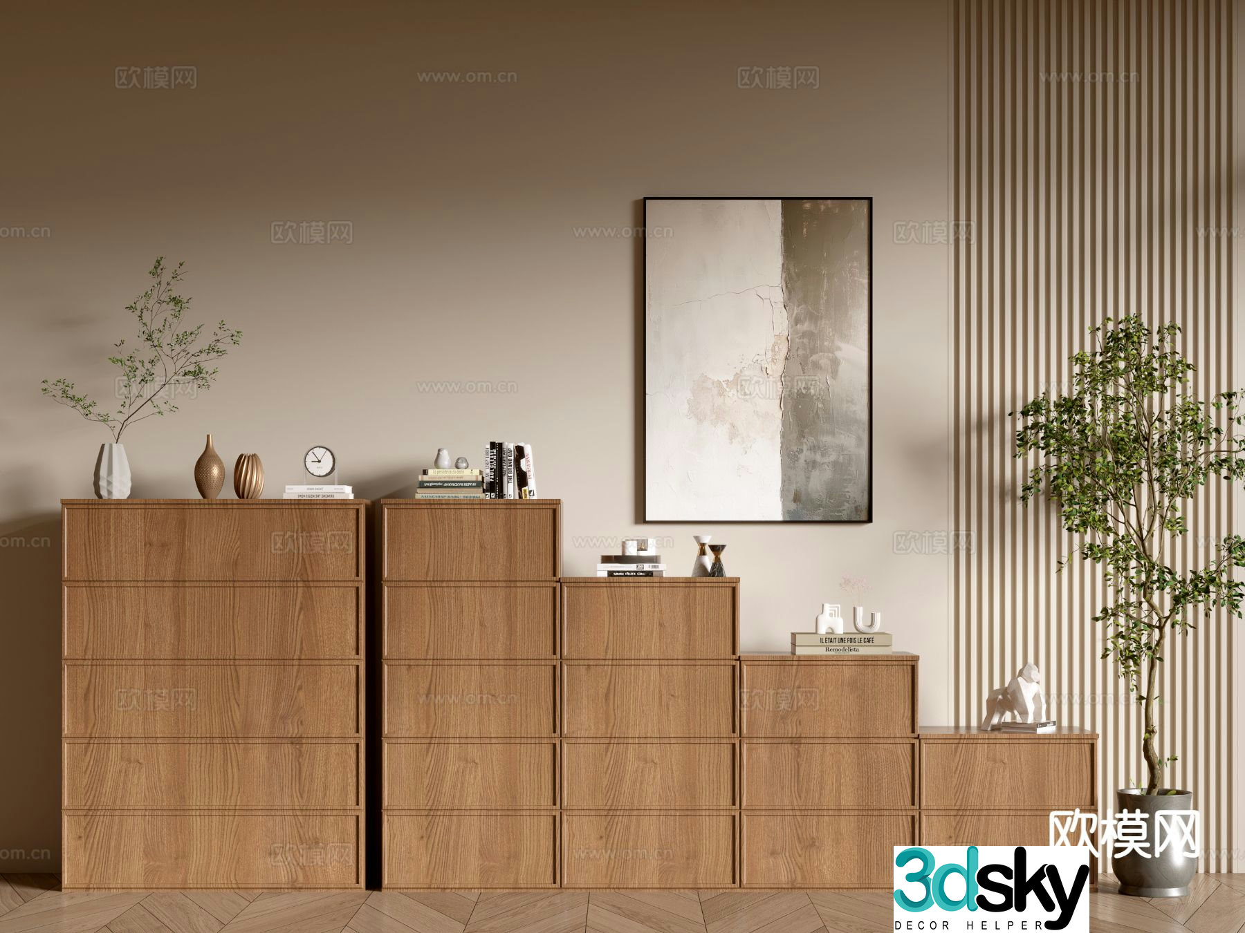 Log style side cabinet wood grain chest short bookcase 3D model