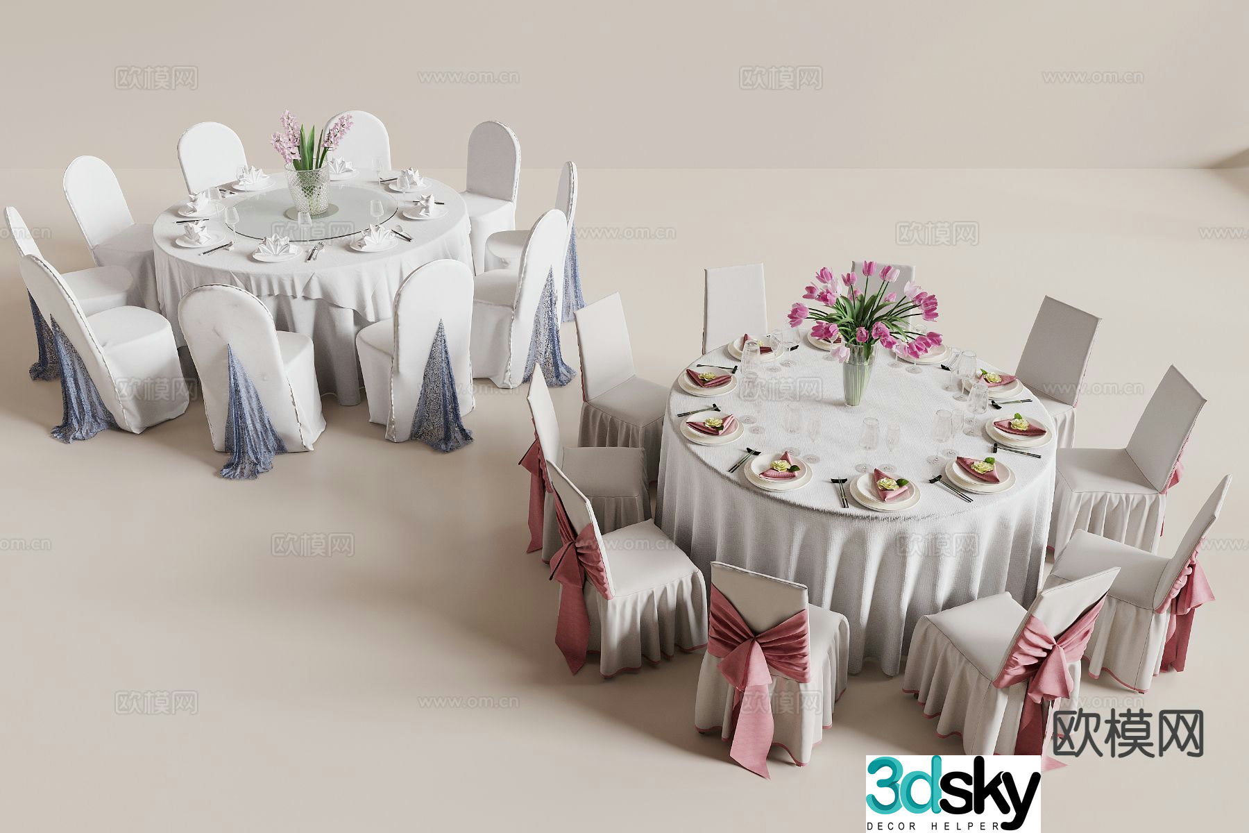 Modern banquet table round dining table and chairs 3d model