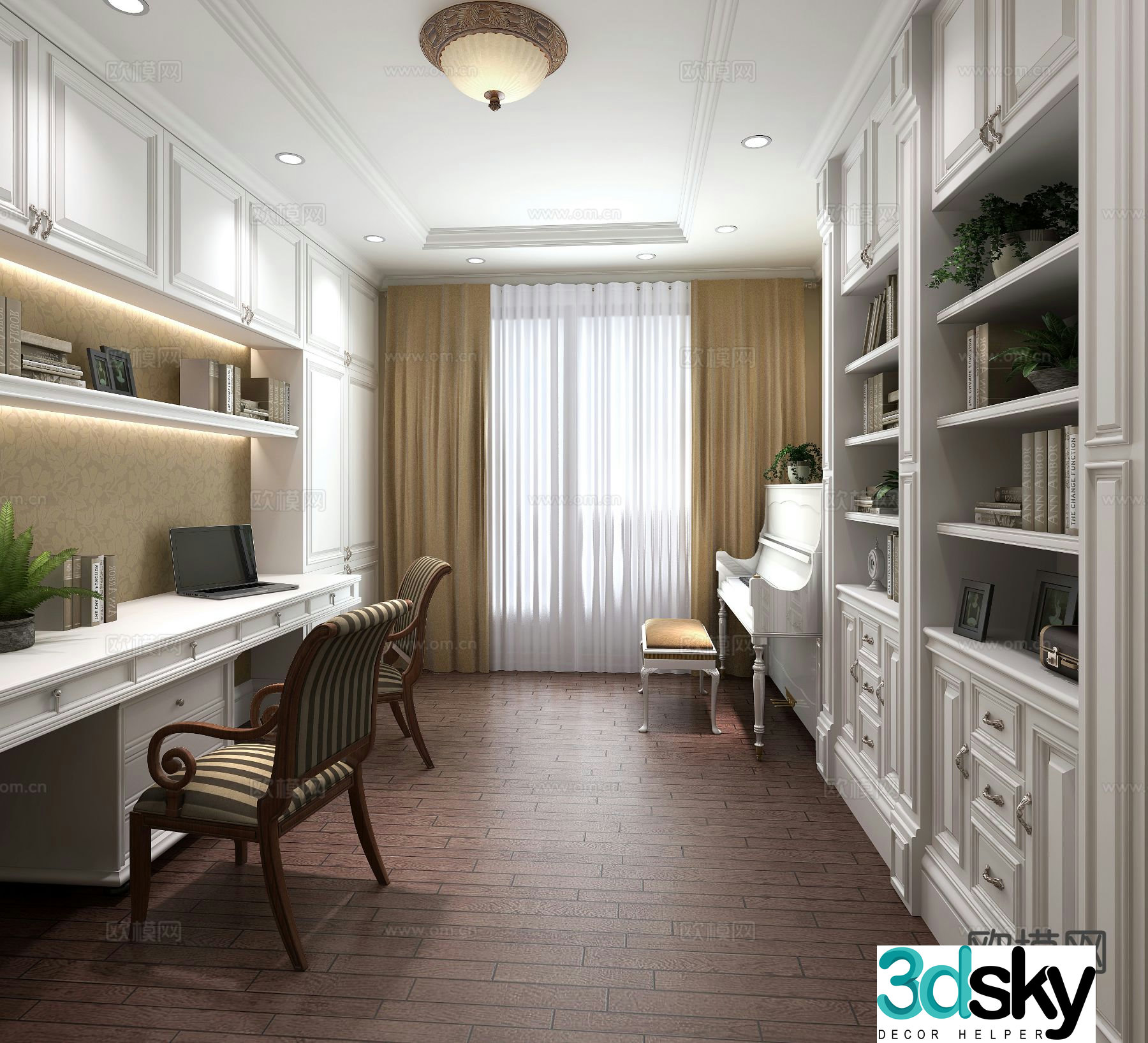 European style double study piano room 3D model