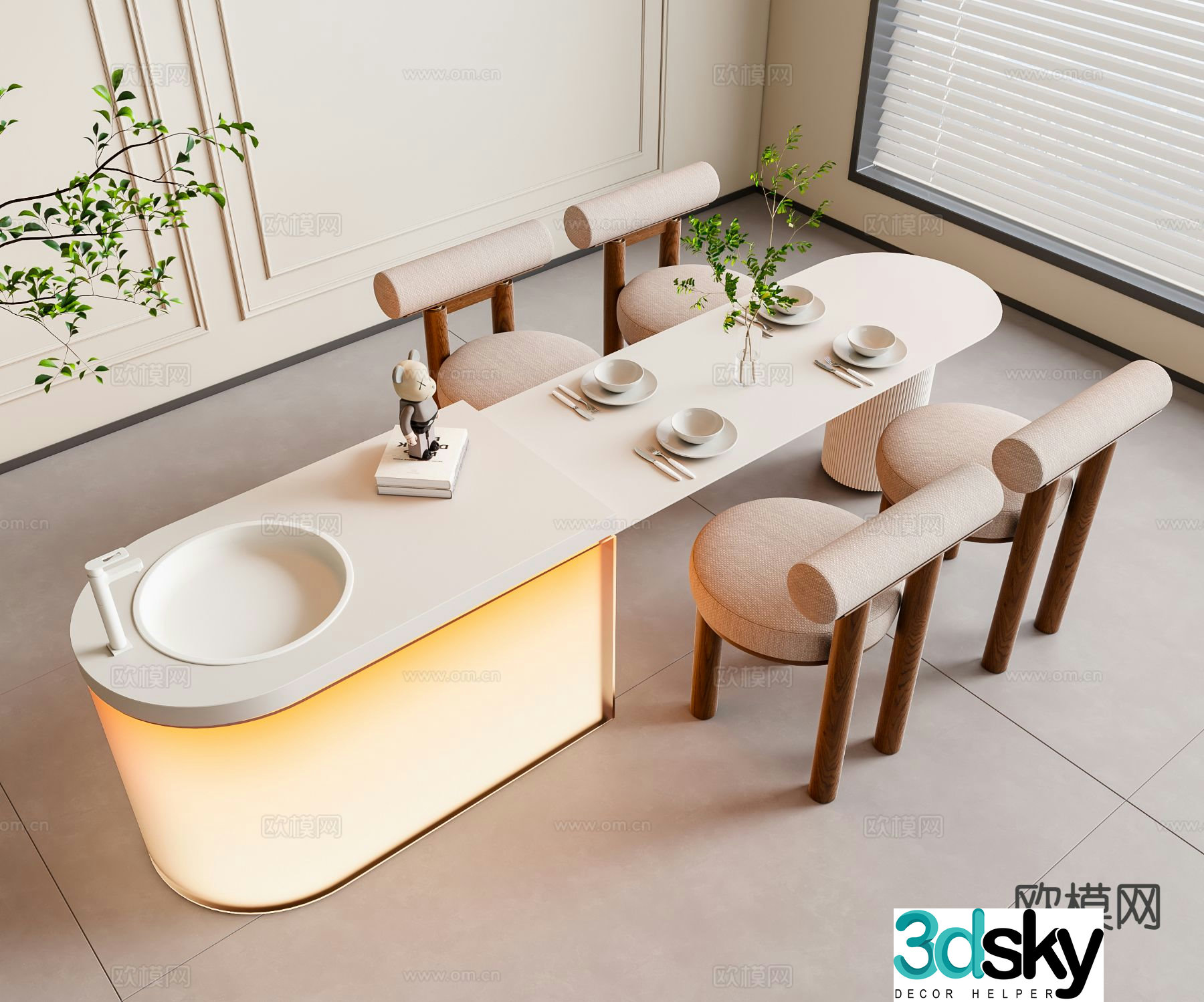 Modern island table dining table and chairs 3d model