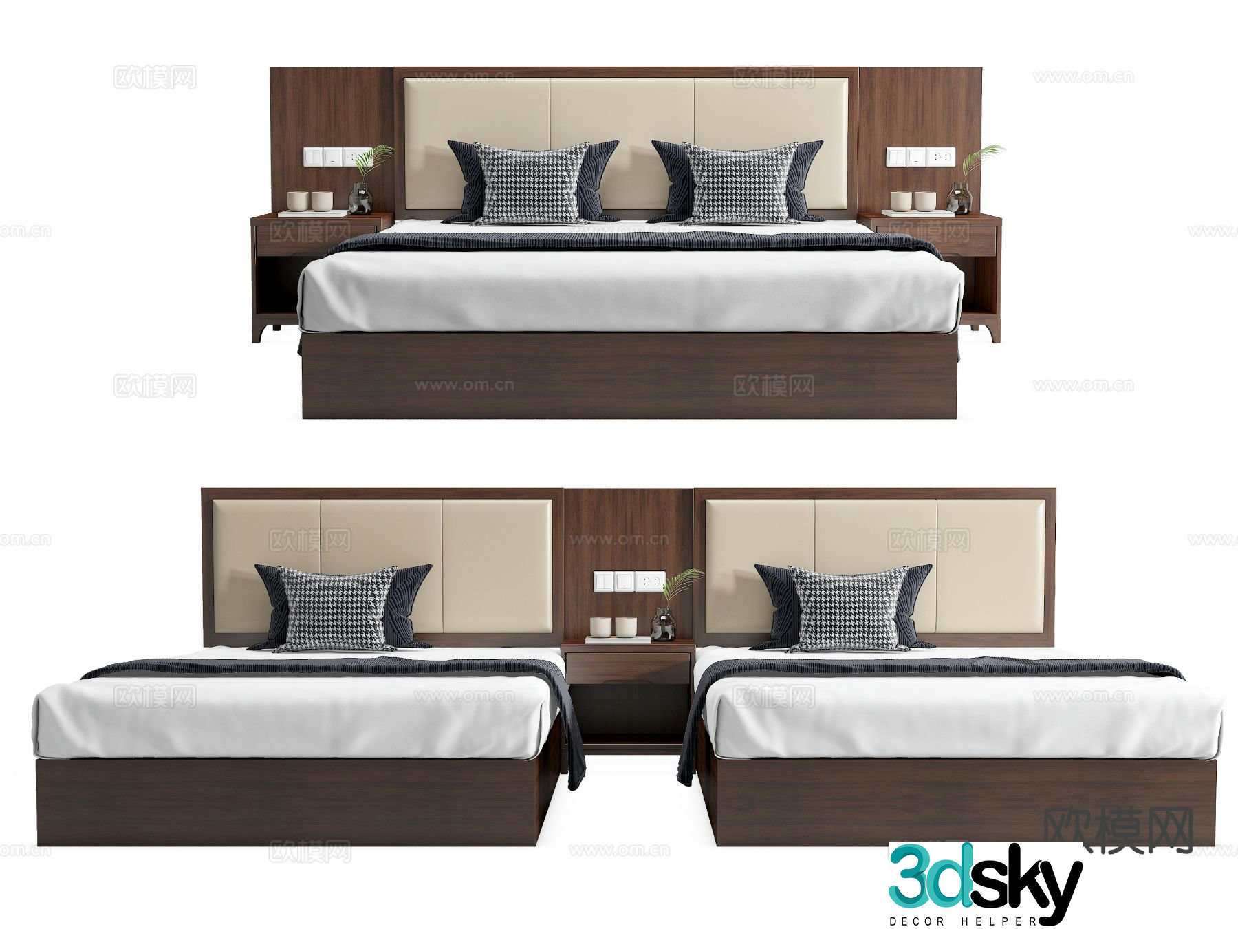 New Chinese style hotel bed twin bed conjoined bed double bed 3d model
