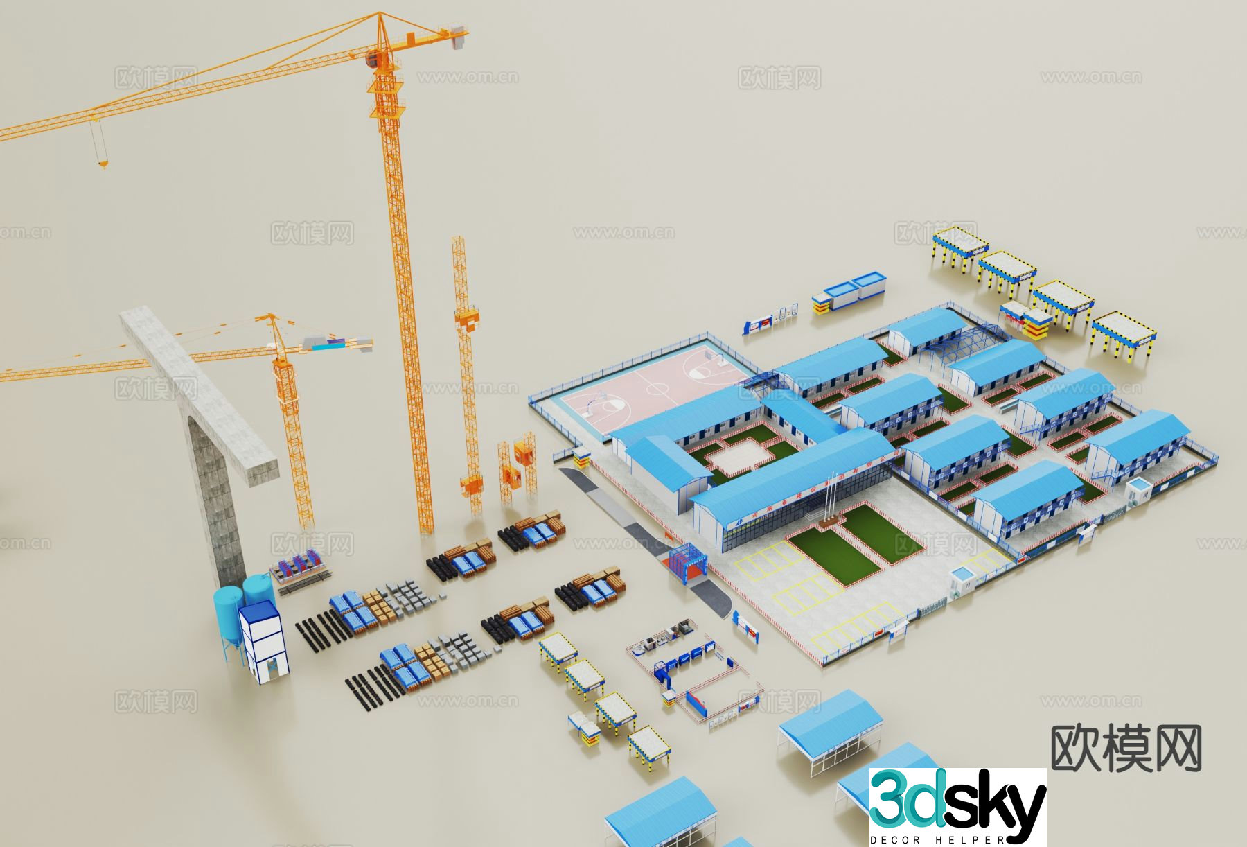 Modern construction site materials. Construction site project department. Construction site construction 3d model