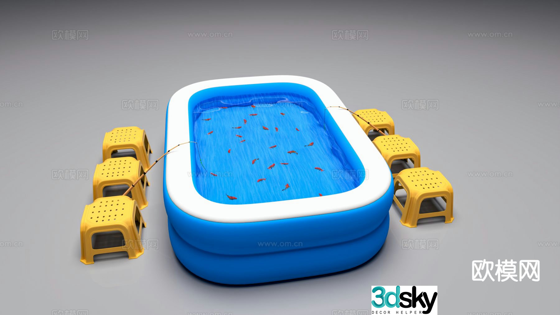 Night market children's fishing pond plastic bench fishing rod 3d model