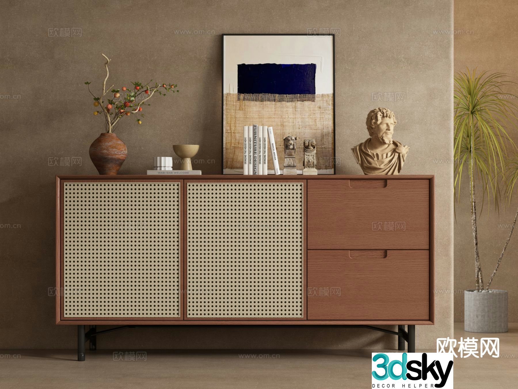 Medieval style side cabinet entrance cabinet rattan cabinet 3D model