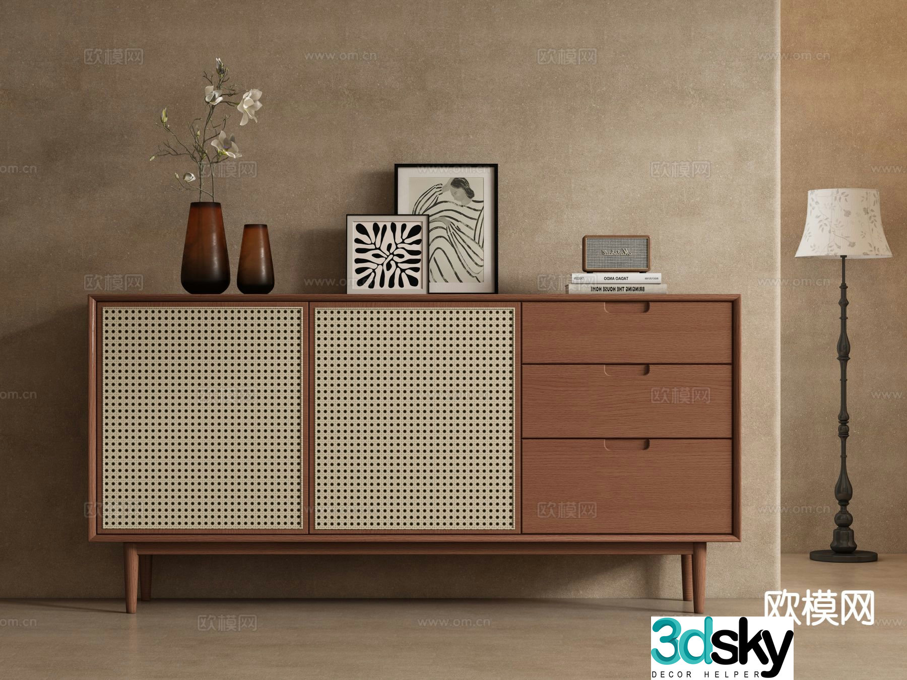 Medieval style side cabinet entrance cabinet rattan cabinet 3D model