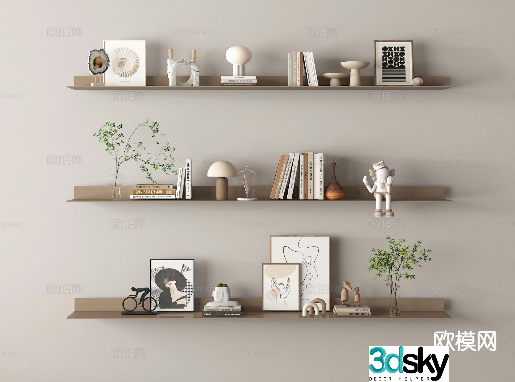 Modern decorations tableware books vases 3D model