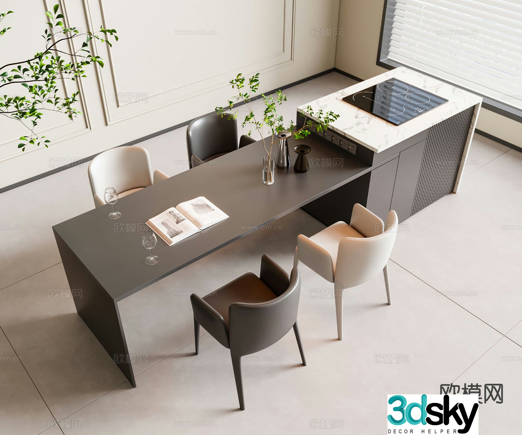 Island dining table and chairs 3d model