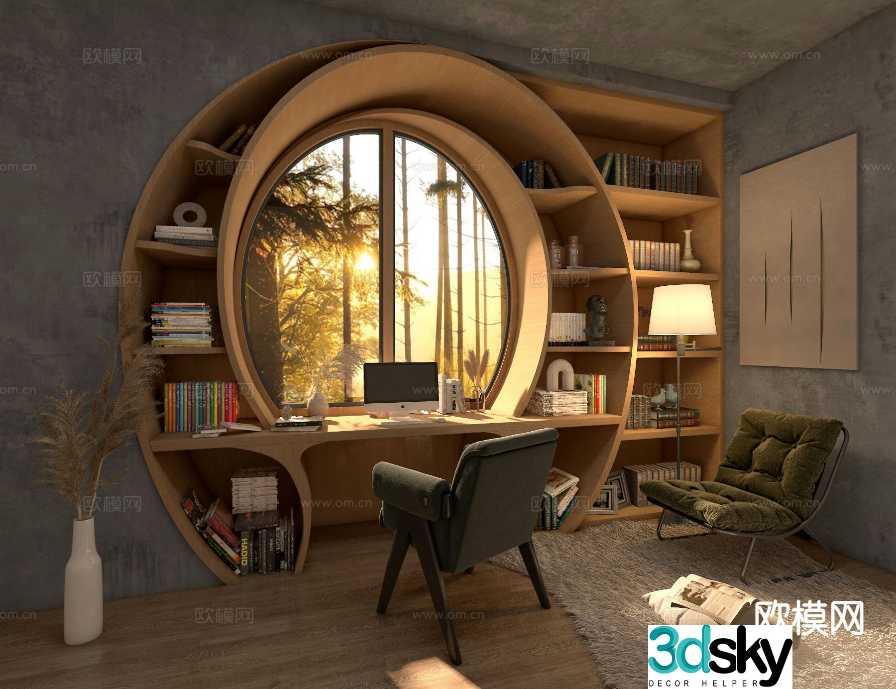 Log style wooden house study room 3d model