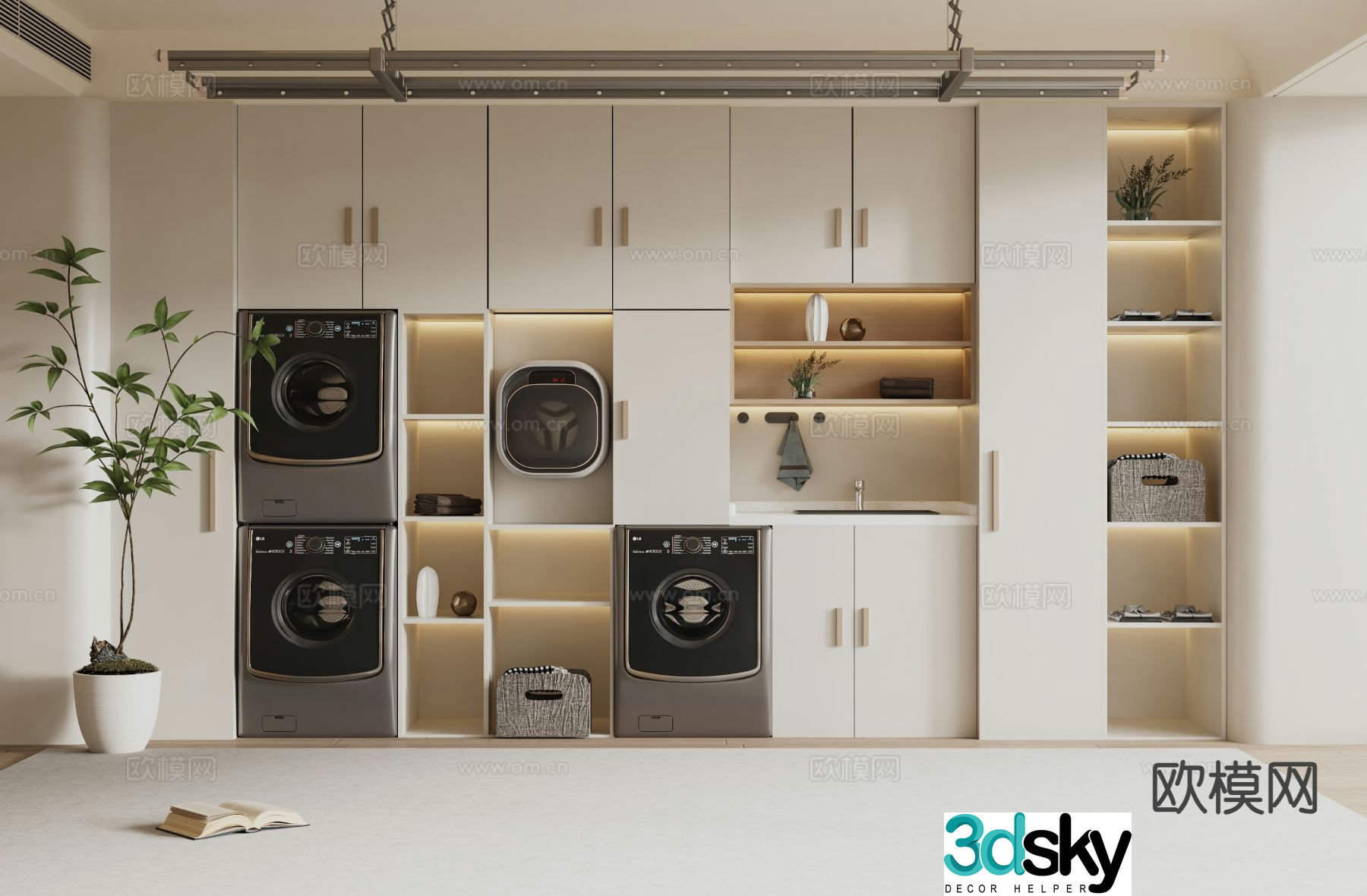 Cream style washing machine cabinet balcony cabinet 3D model