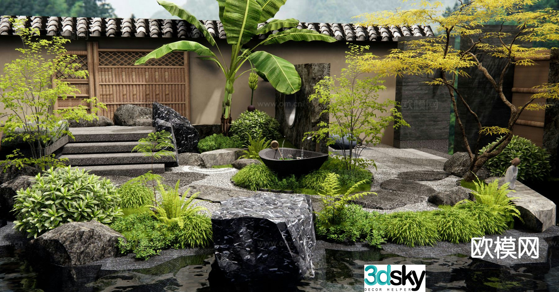 Dry landscape landscape garden road paving flowing water bowl 3D model