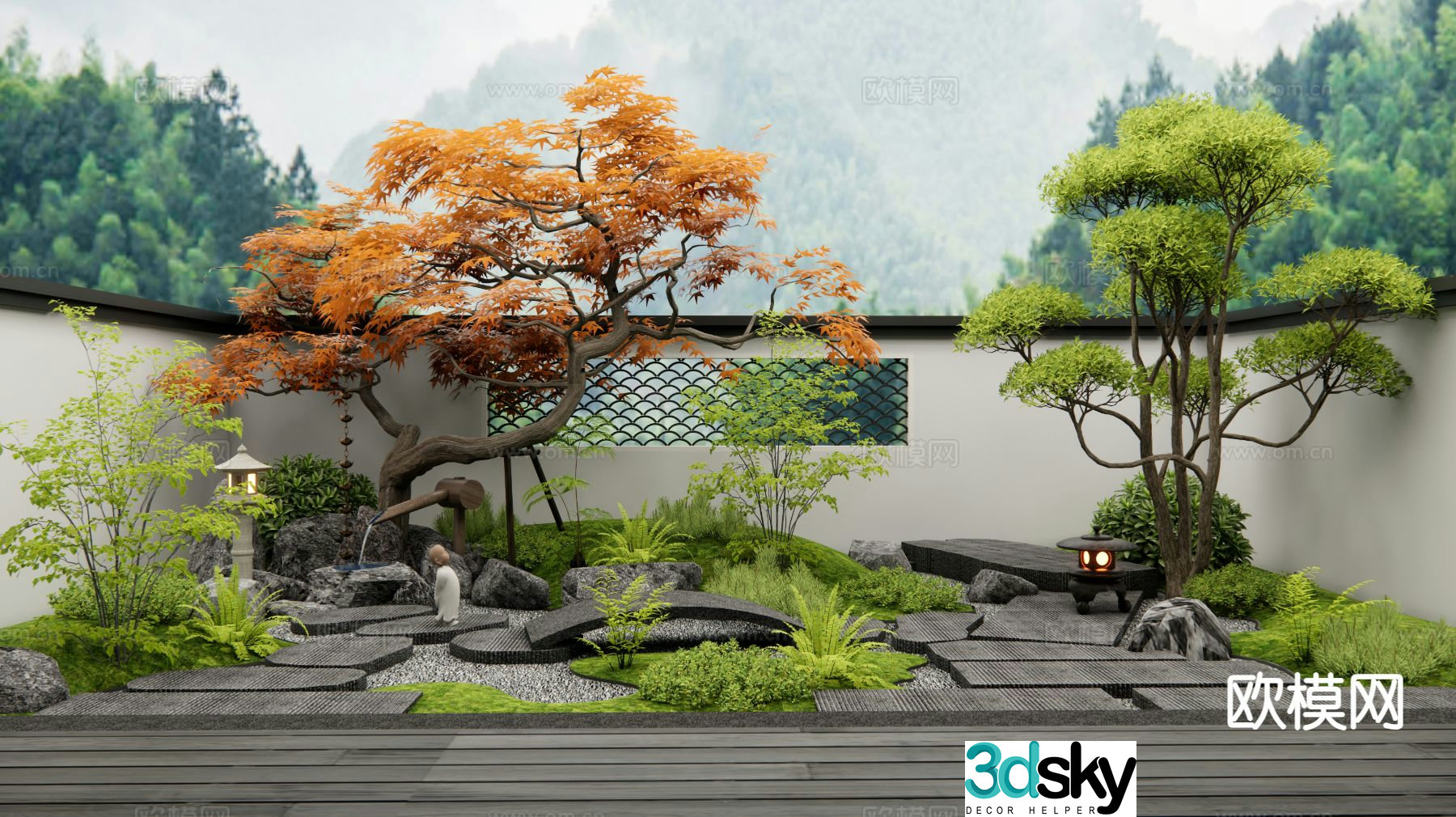 Courtyard landscape garden road paving flowing water bowl 3D model