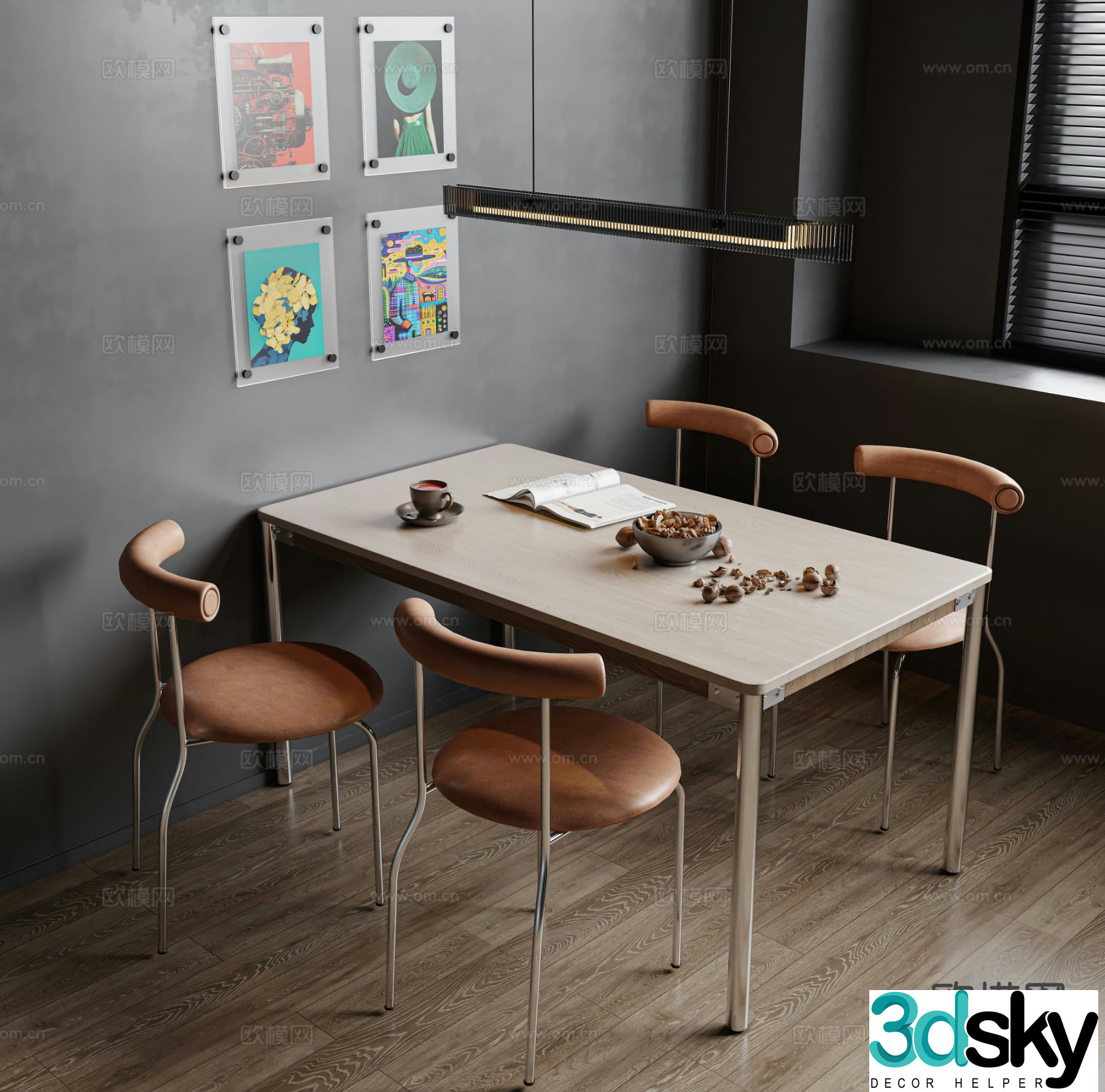 Modern long dining table and chairs 3d model