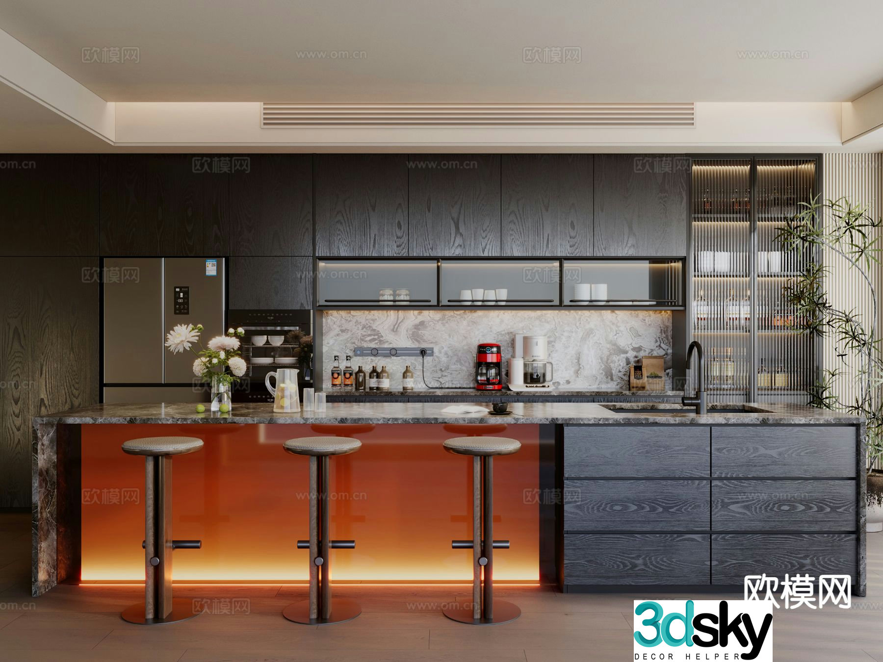 Modern western kitchen island open restaurant 3d model