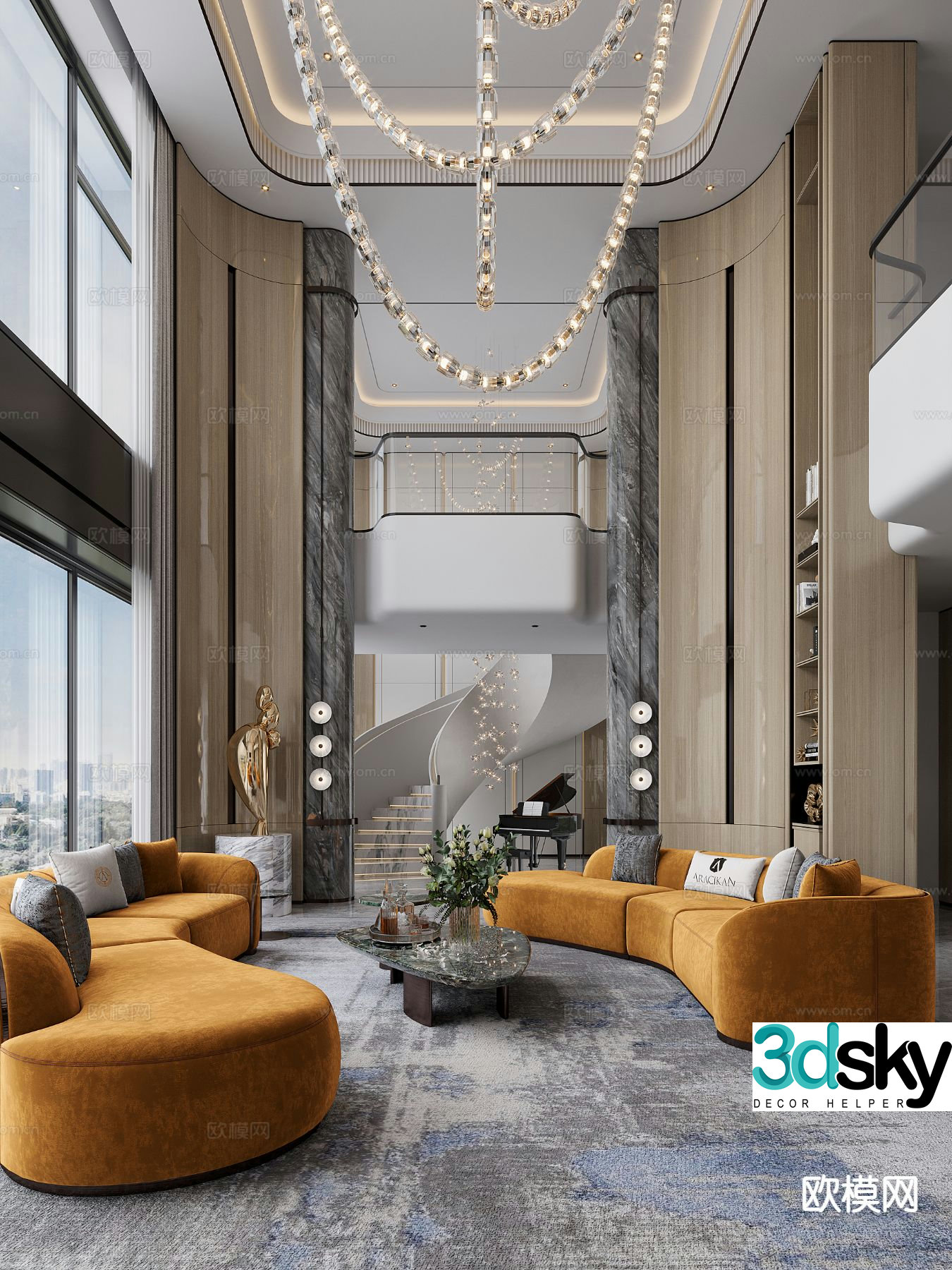 Modern villa lobby villa living room 3d model