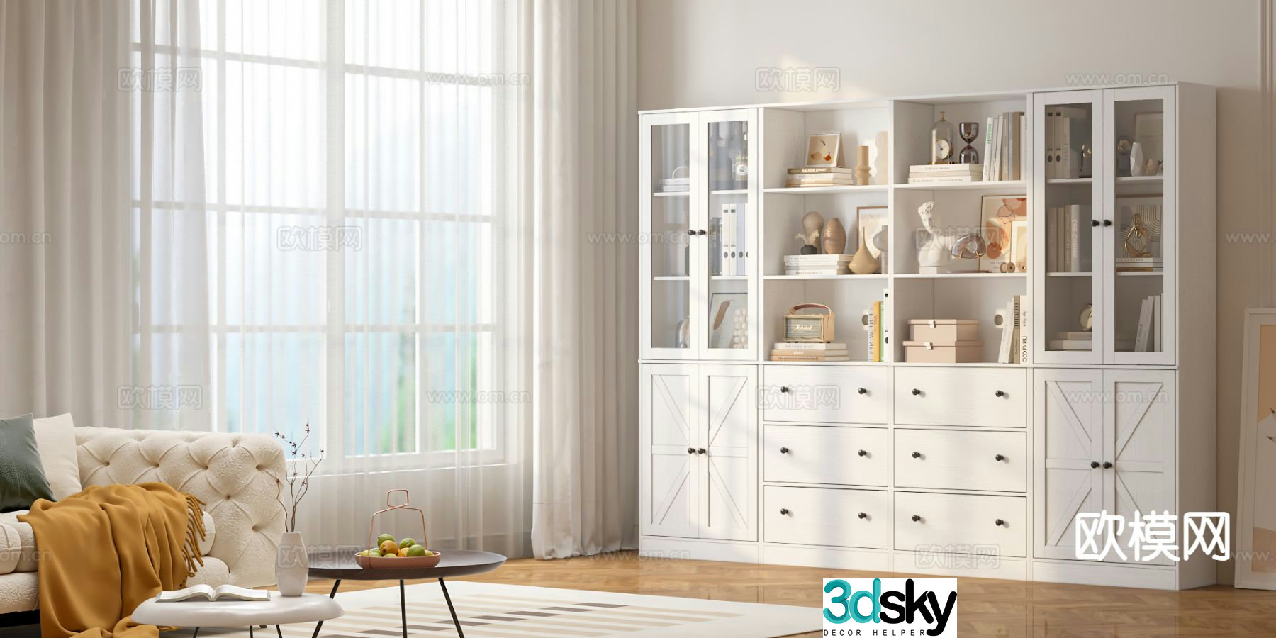Cream style bookcase display cabinet 3d model