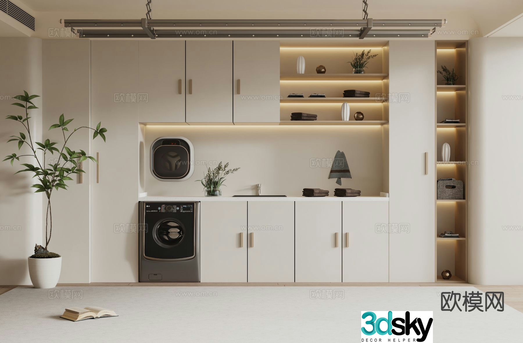 Cream style washing machine cabinet balcony cabinet 3D model