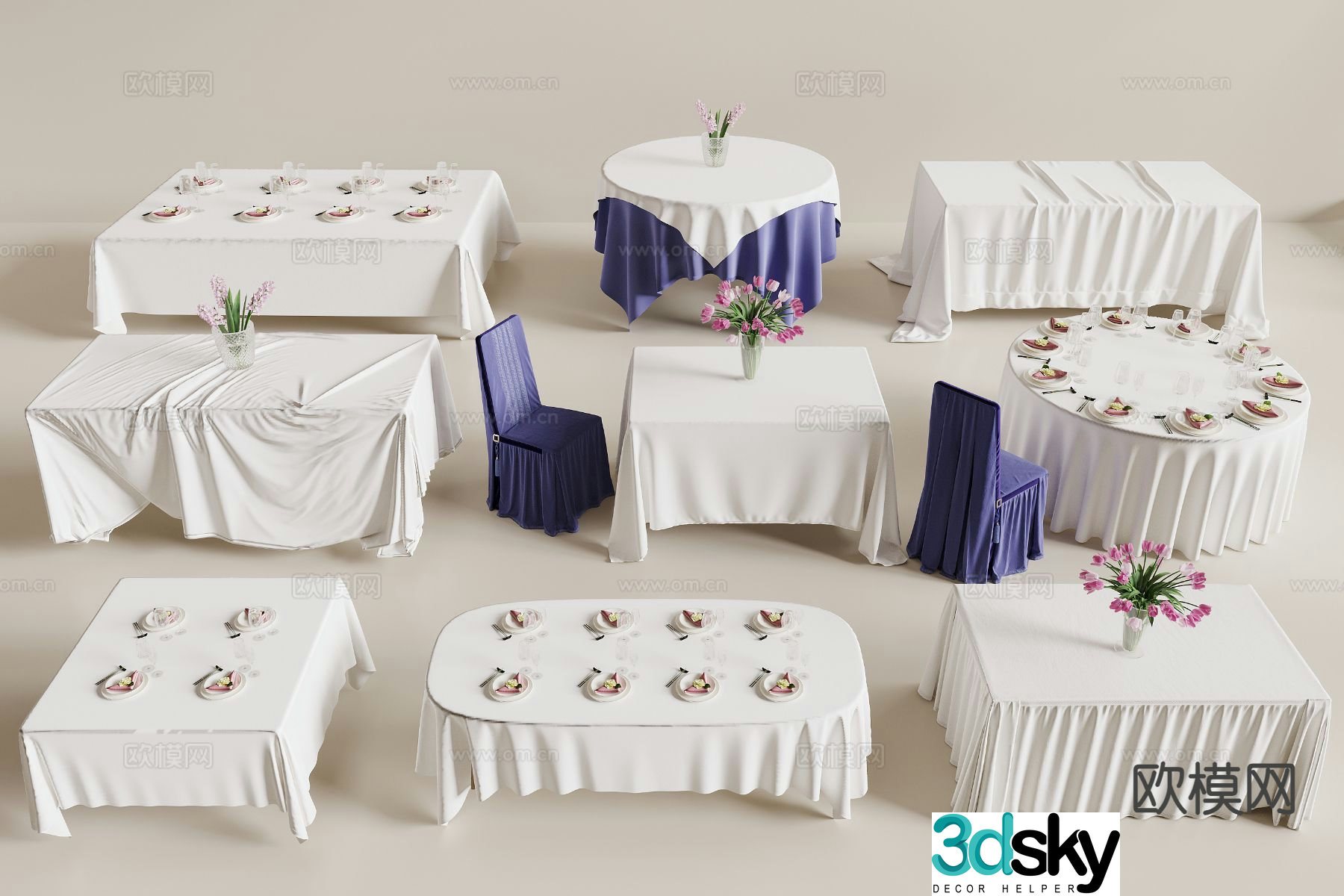 Modern dining table and chairs banquet table 3d model