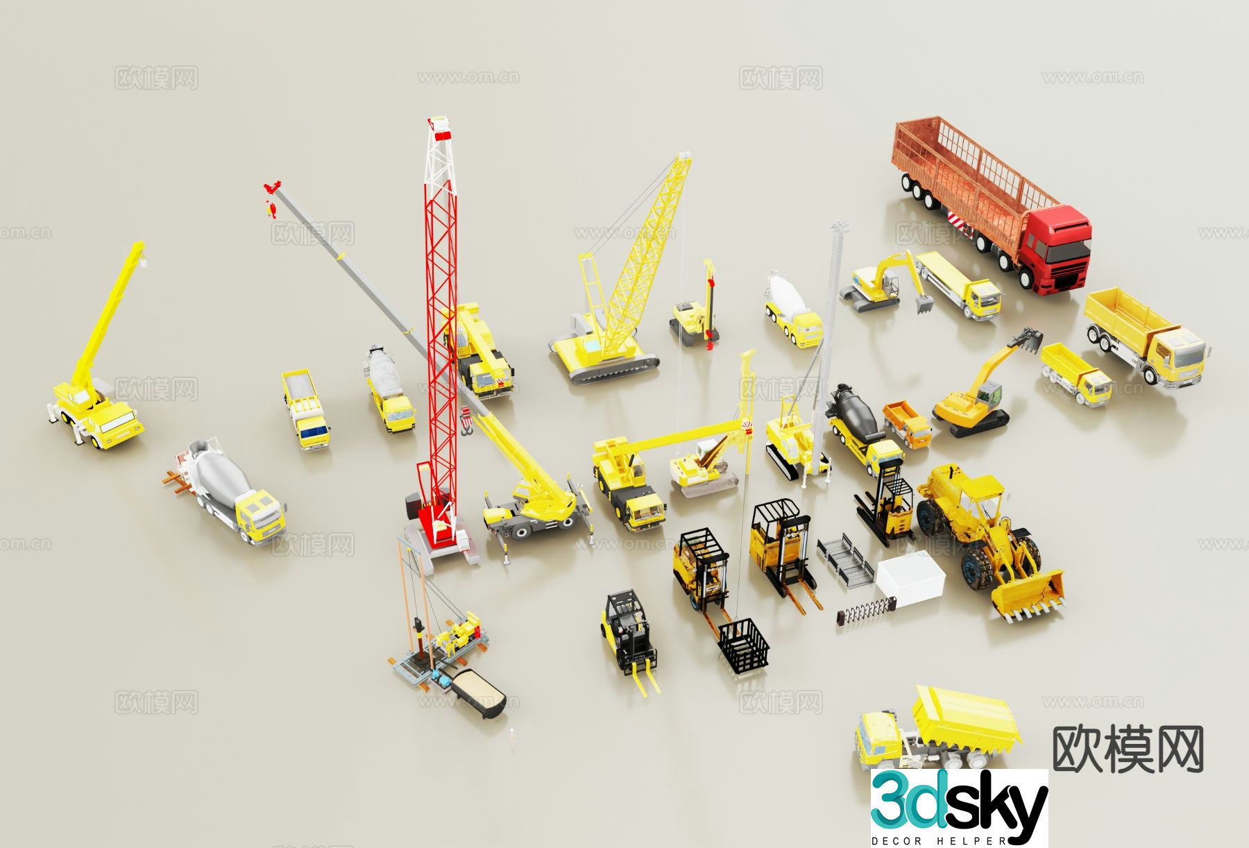 Modern construction vehicle machinery bulldozer crane excavator 3d model