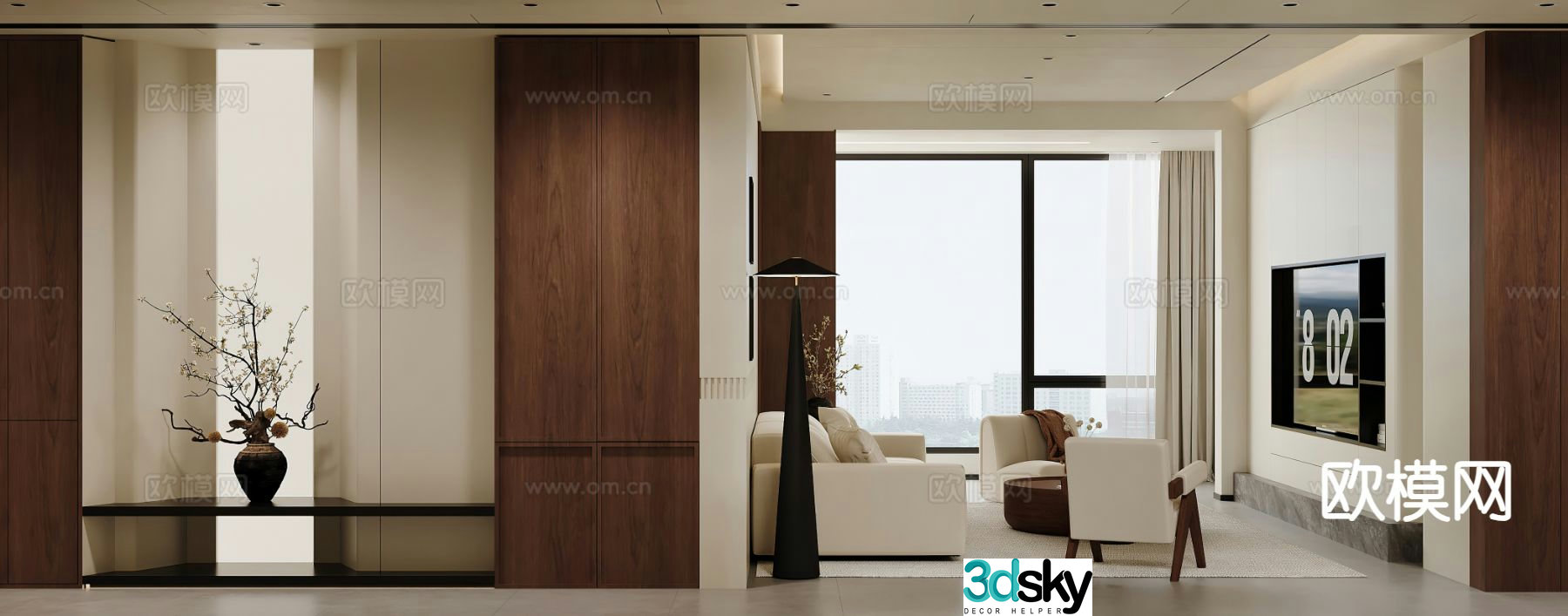3D model of log style living room