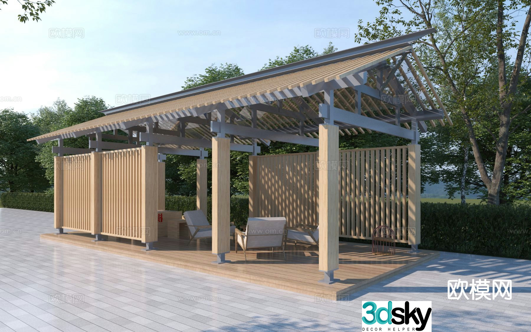 New Chinese style leisure gallery wooden gallery gallery pavilion 3D model