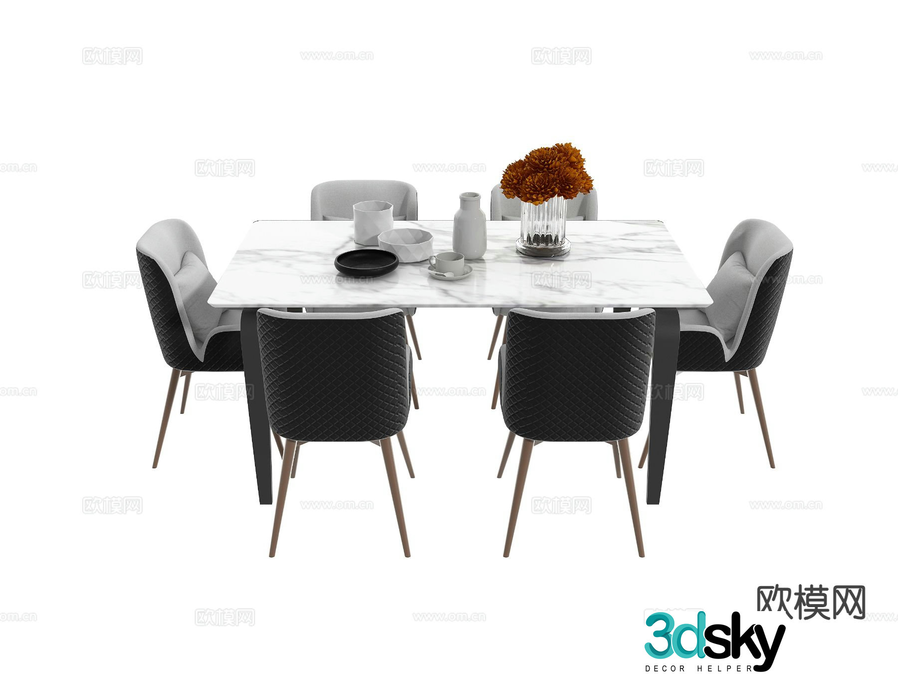 Modern long dining table and chairs 3d model