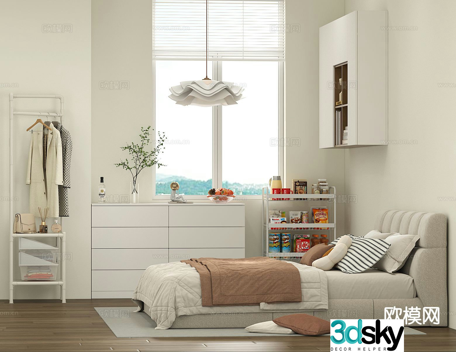 Modern single bed cupboard snack rack 3D model