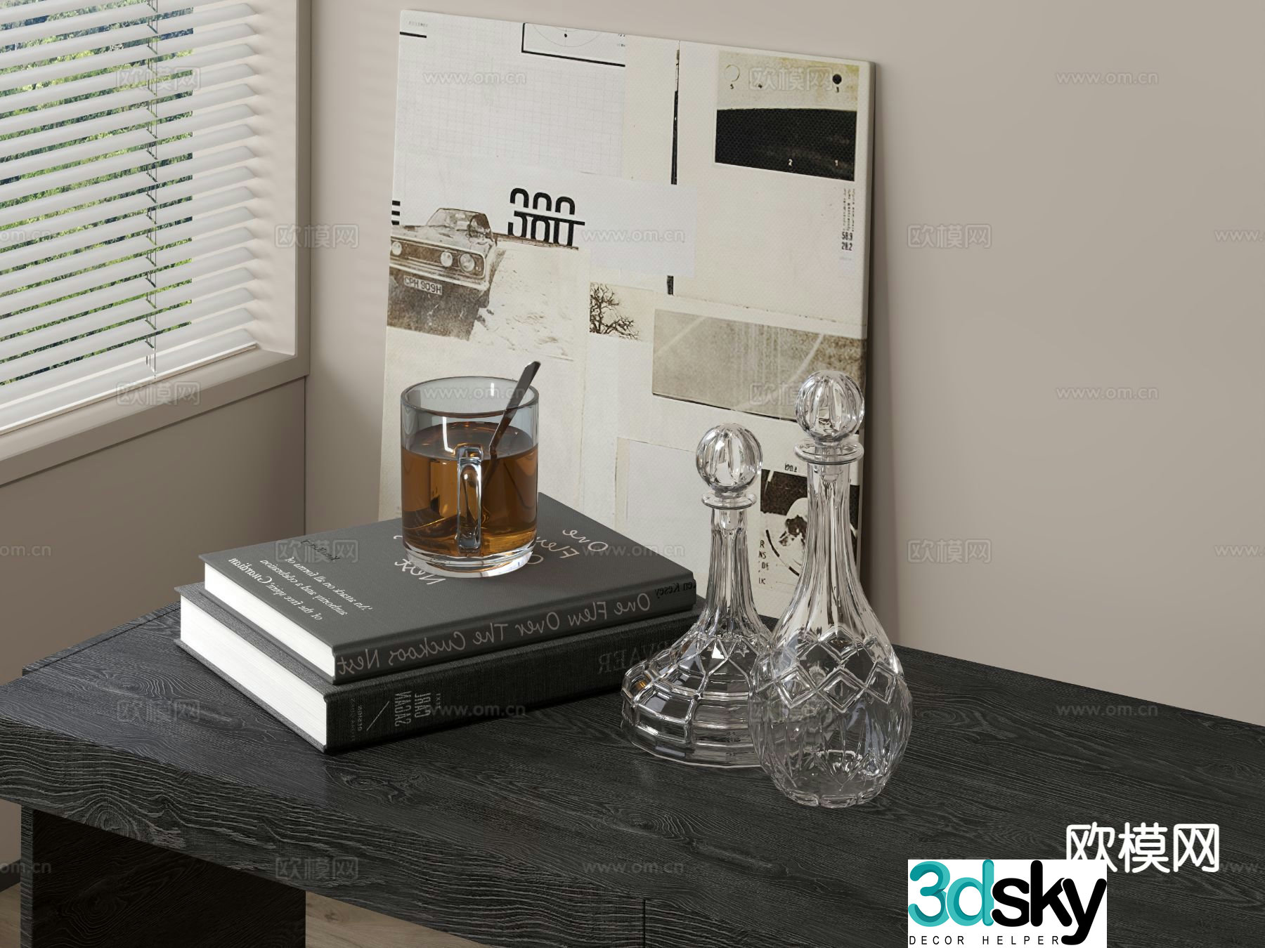 Modern tableware books glass bottle 3d model
