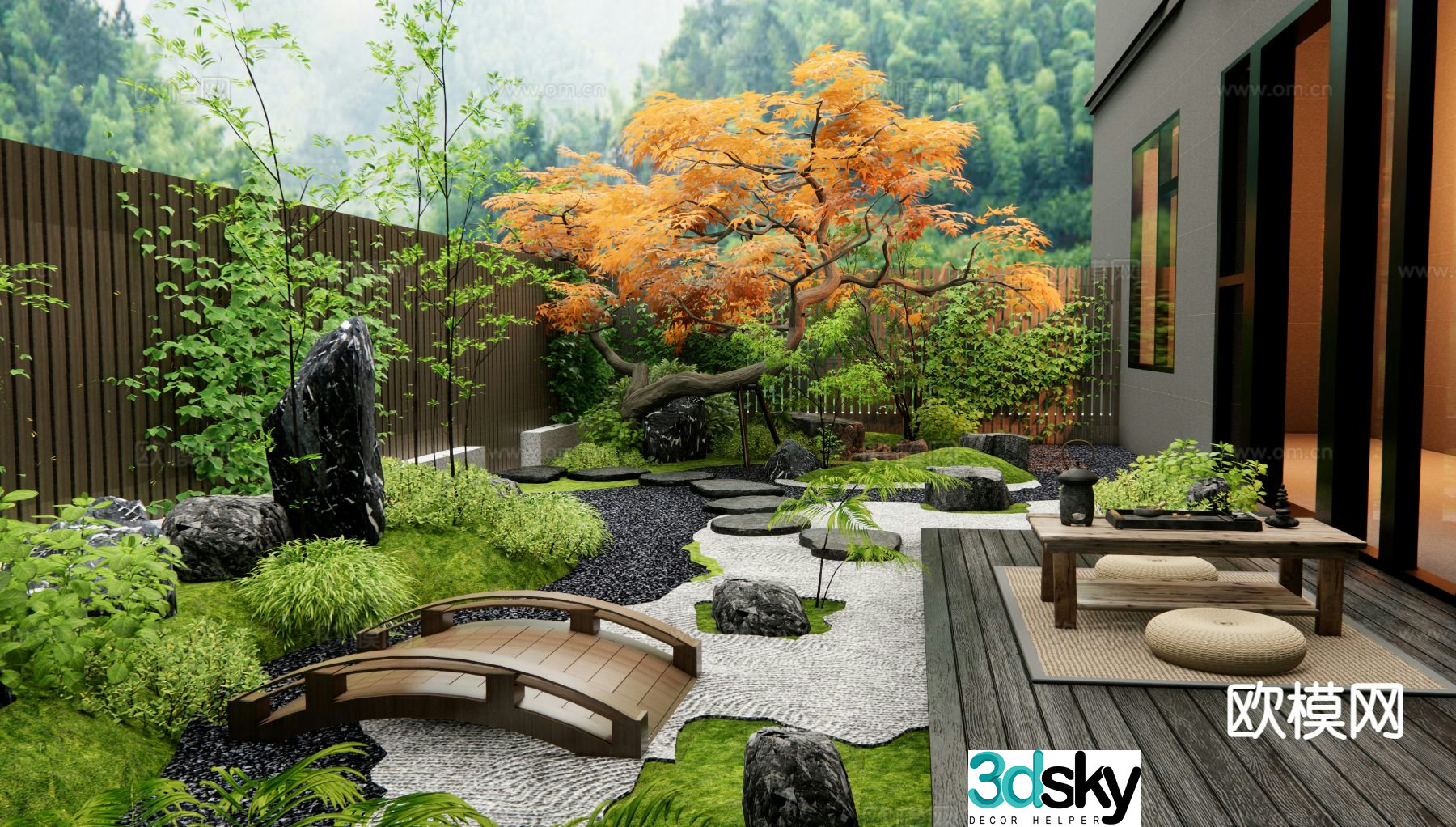 Courtyard landscape dry landscape landscaping wooden bridge 3D model