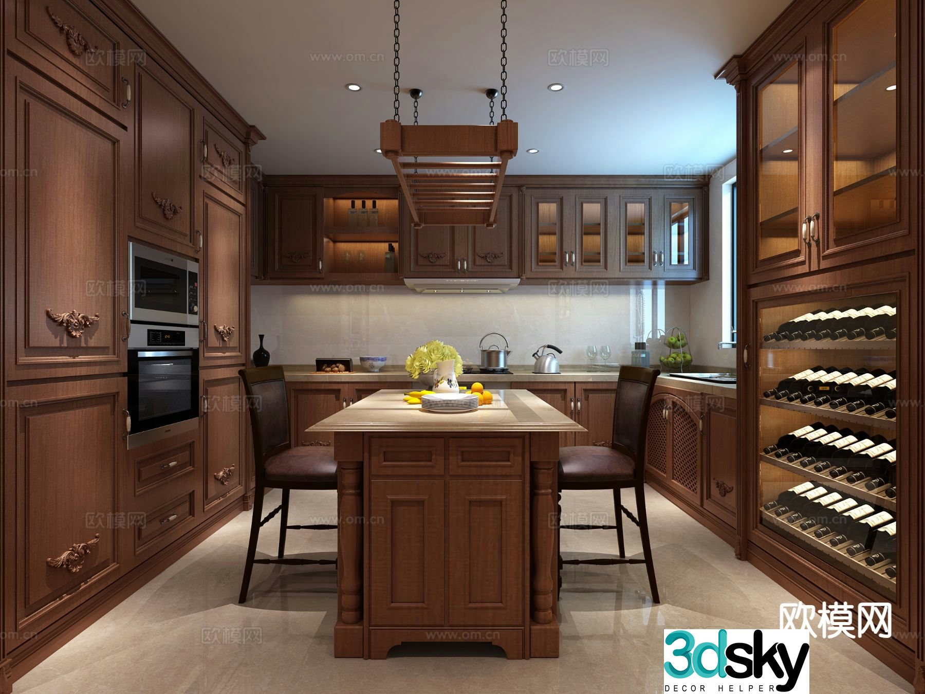 American pastoral kitchen island kitchen 3d model