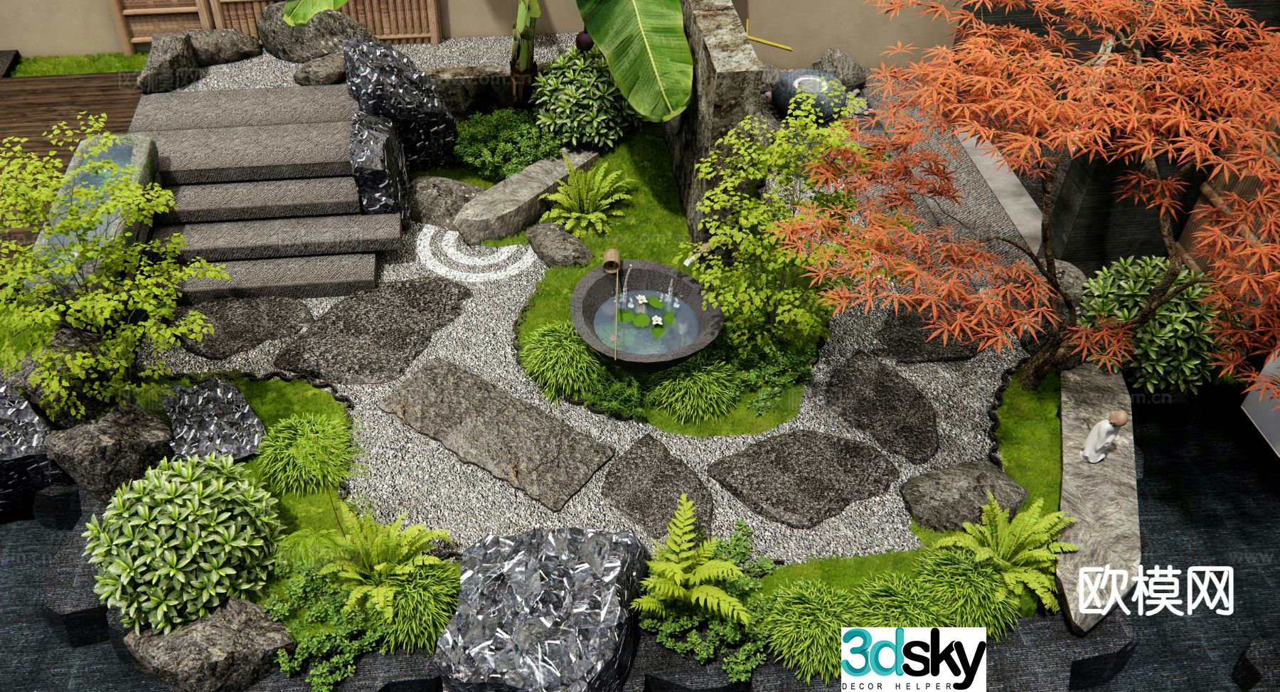 Dry landscape landscape garden road paving flowing water bowl 3D model