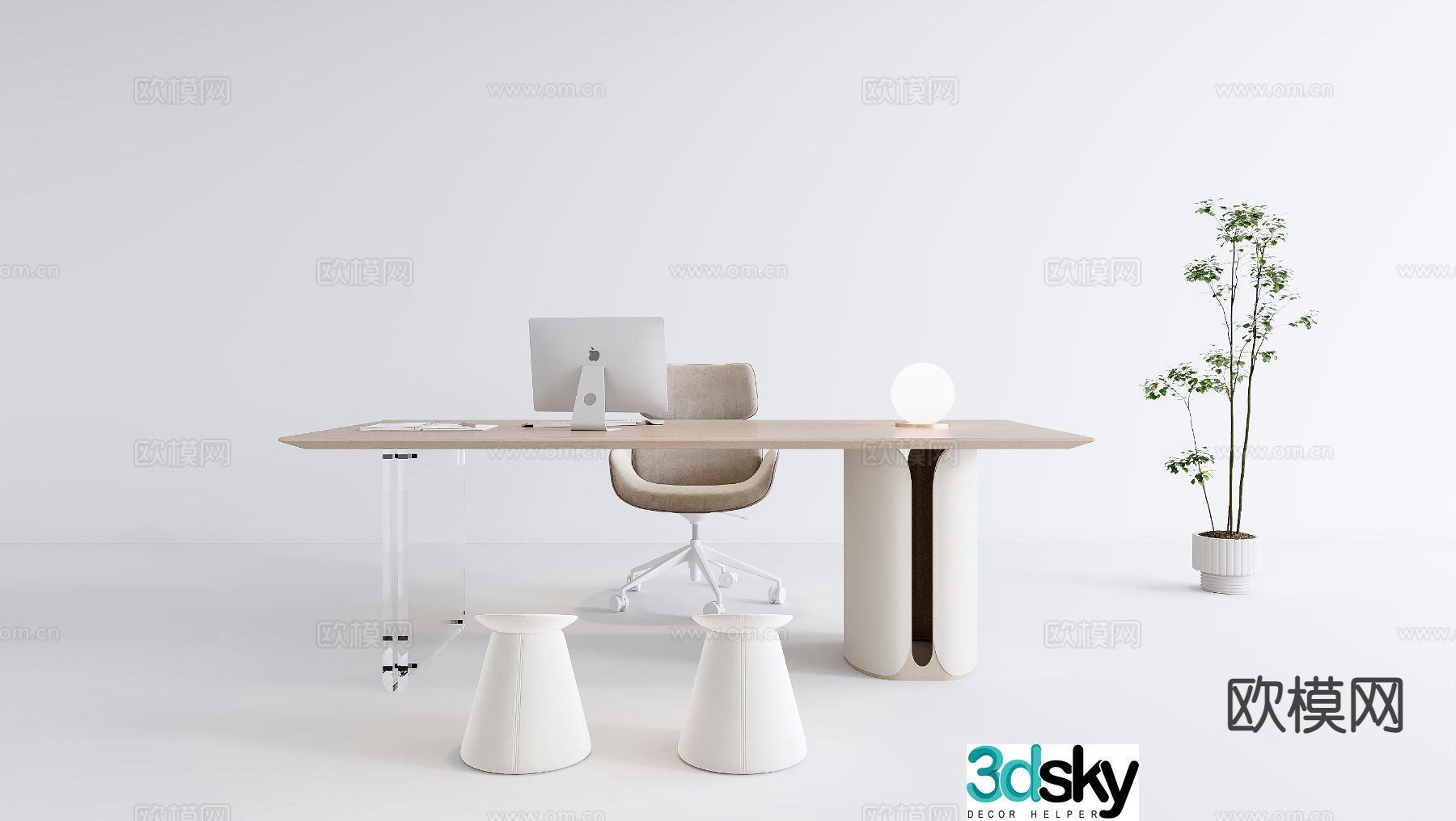 Cream style desk writing desk computer desk 3d model