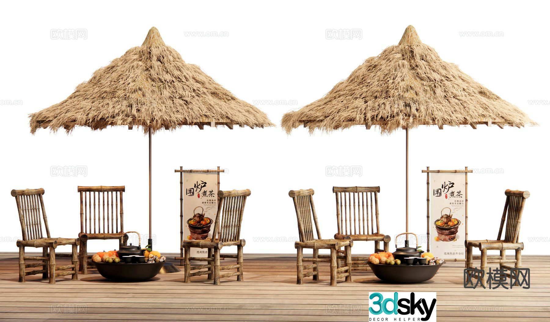 Outdoor tables and chairs making tea by the fire 3D model