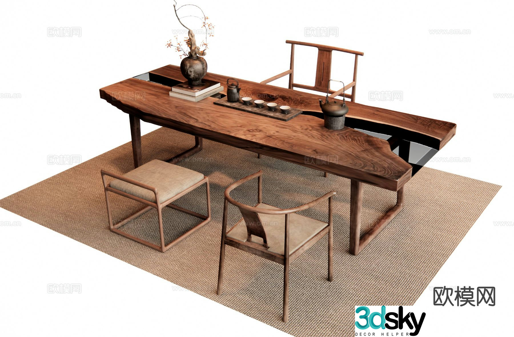 Chinese tea table and chairs 3d model