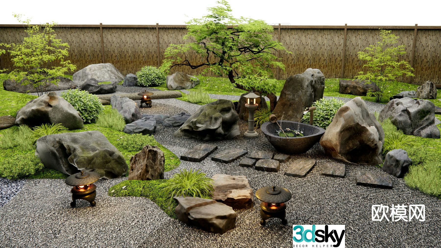 Dry landscape landscape garden road paving flowing water bowl 3D model