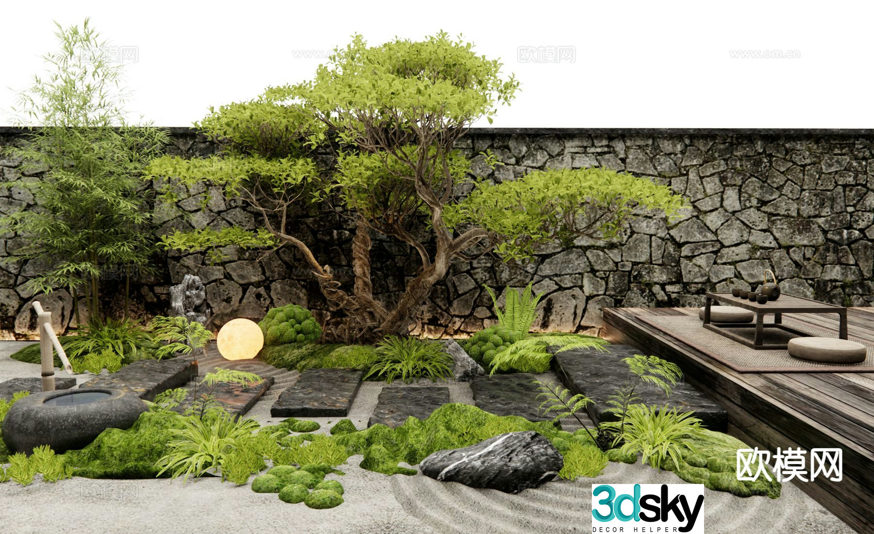 New Chinese style courtyard landscape stone slab steps plant landscape 3D model