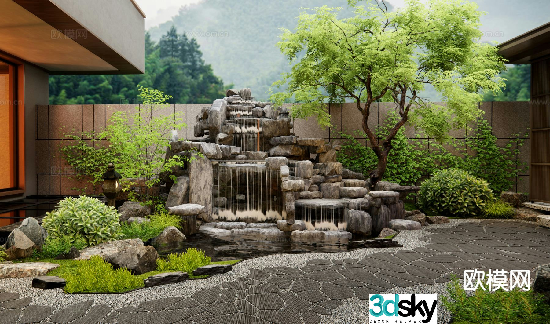 New Chinese style rockery waterscape courtyard landscape 3D model