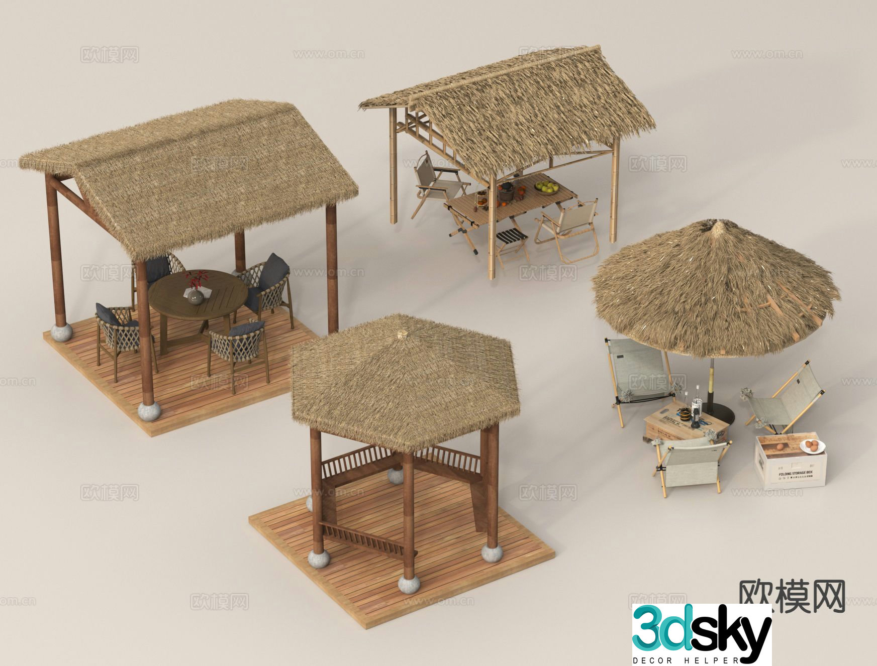 Outdoor tables and chairs camping tables and chairs thatched shed 3d model