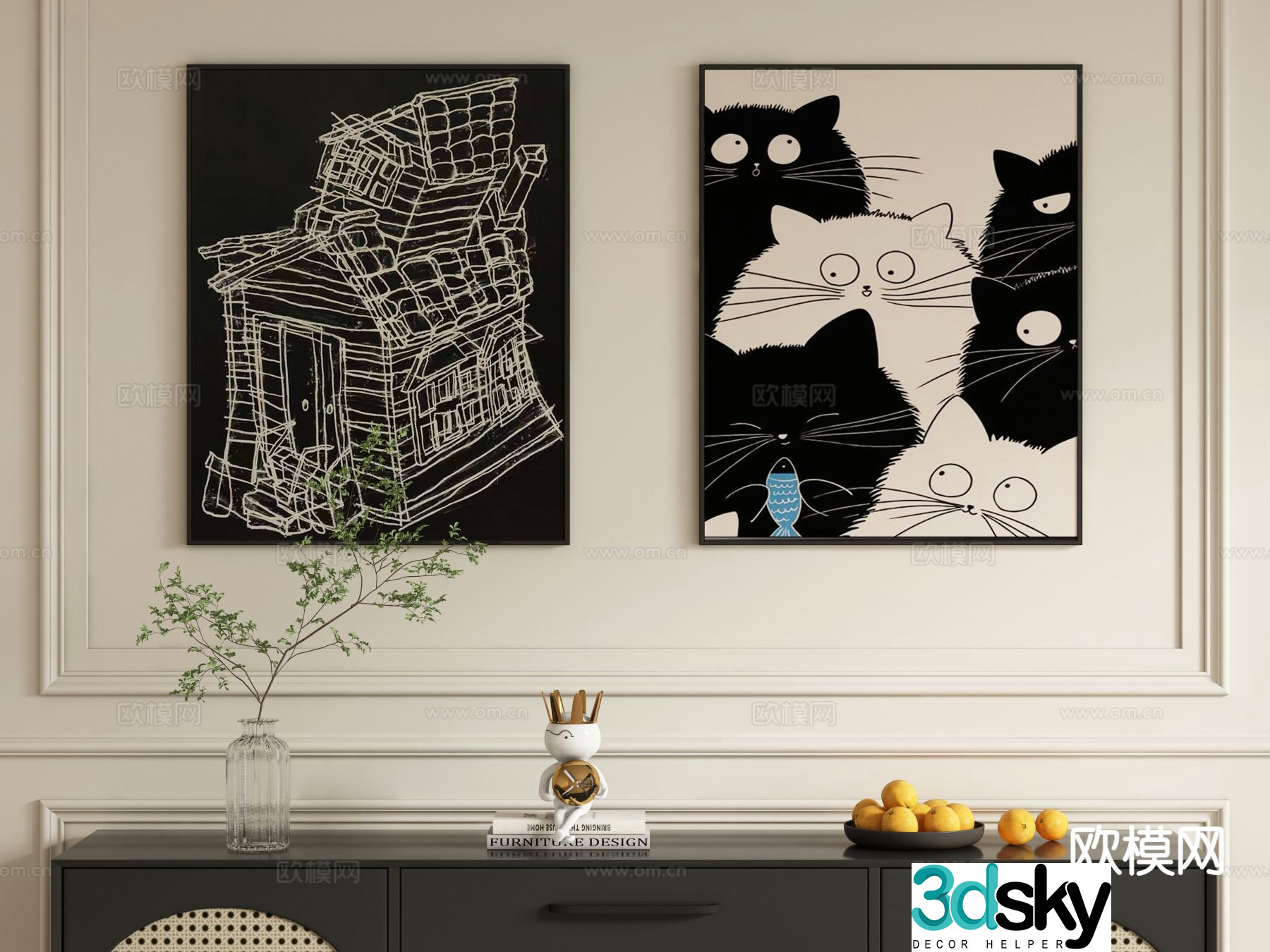 Decorative painting black and white painting hanging painting 3d model
