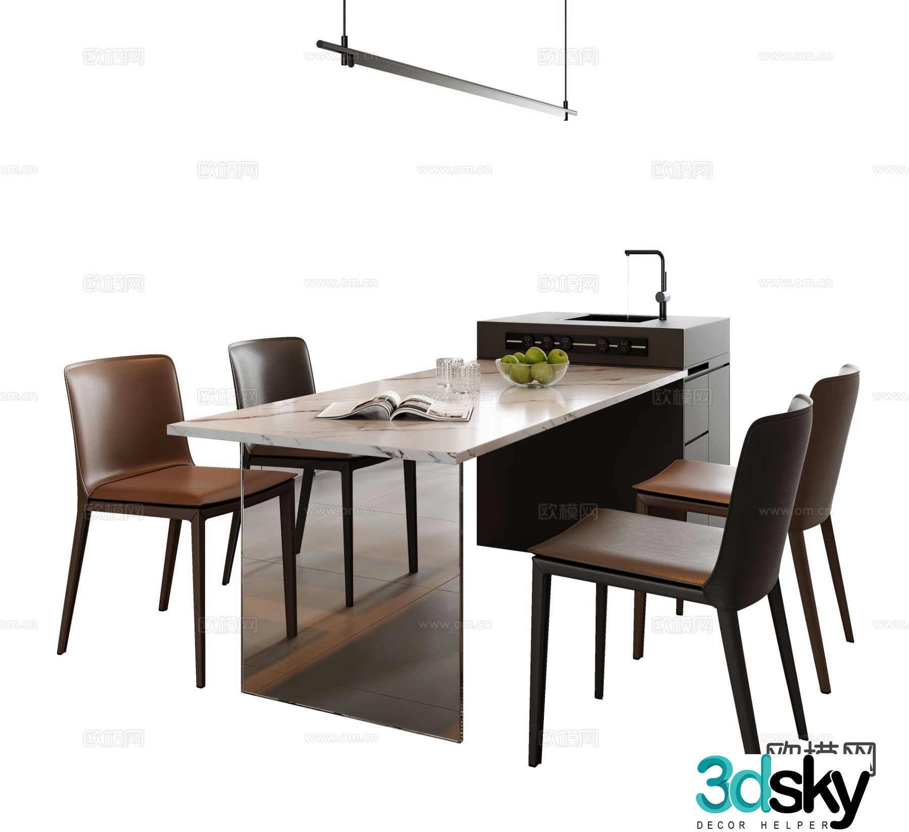 Italian island table dining table and chairs 3D model
