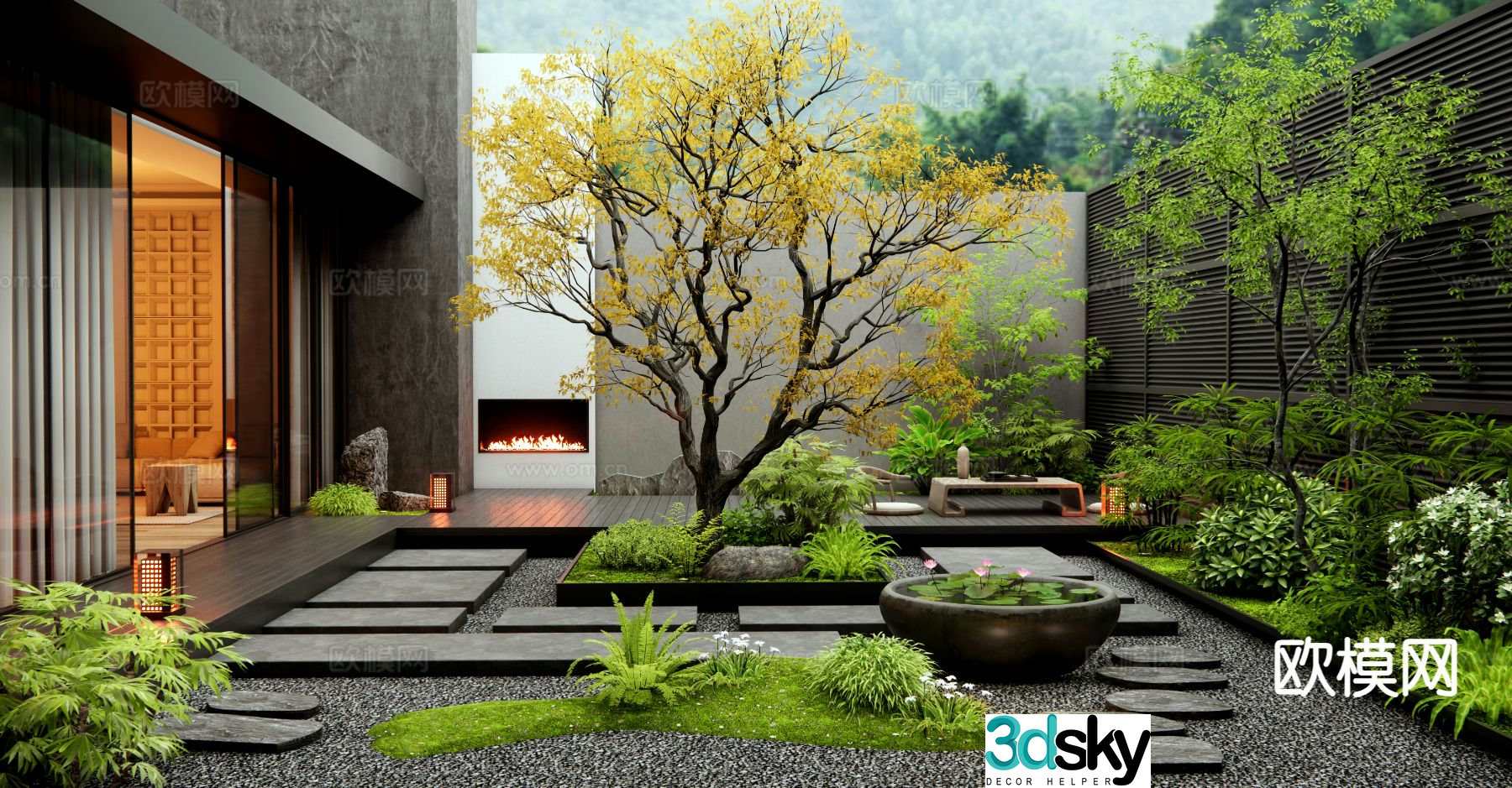 Modern villa courtyard garden courtyard landscape 3d model