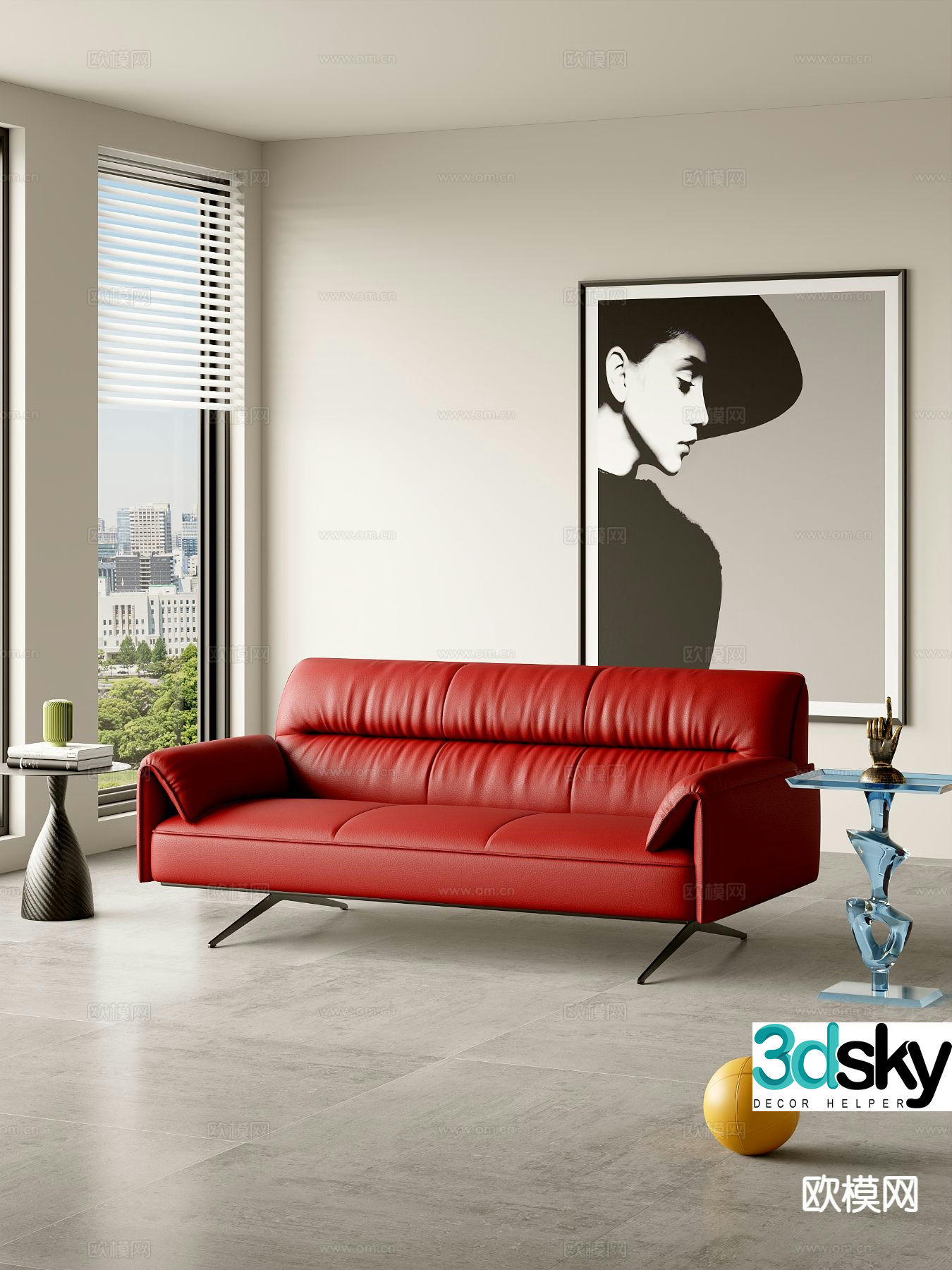Leather sofa three-seat sofa 3d model
