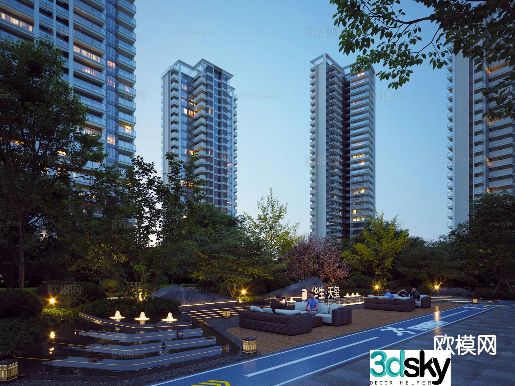 Modern high-rise residence inner court landscape residential night view 3D model
