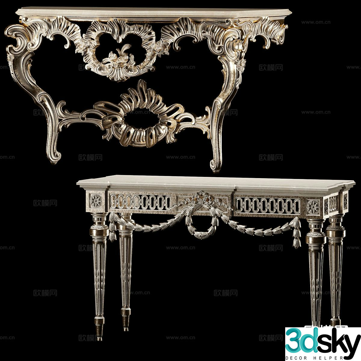 3D model of European-style end view platform entrance desk and table